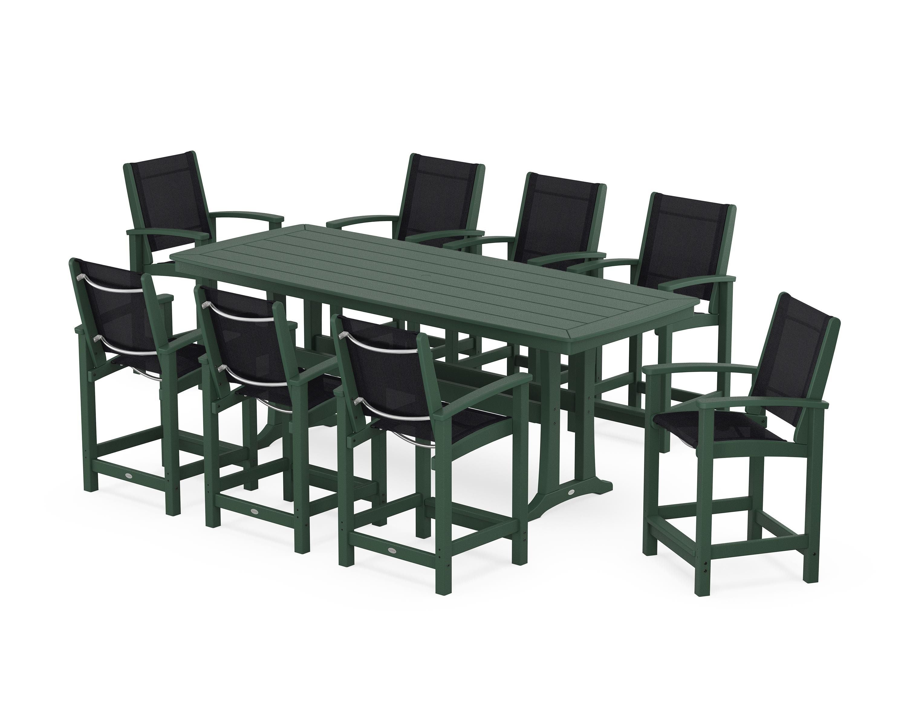 POLYWOOD Coastal 9-Piece Counter Set with Trestle Legs in Green / Black Sling