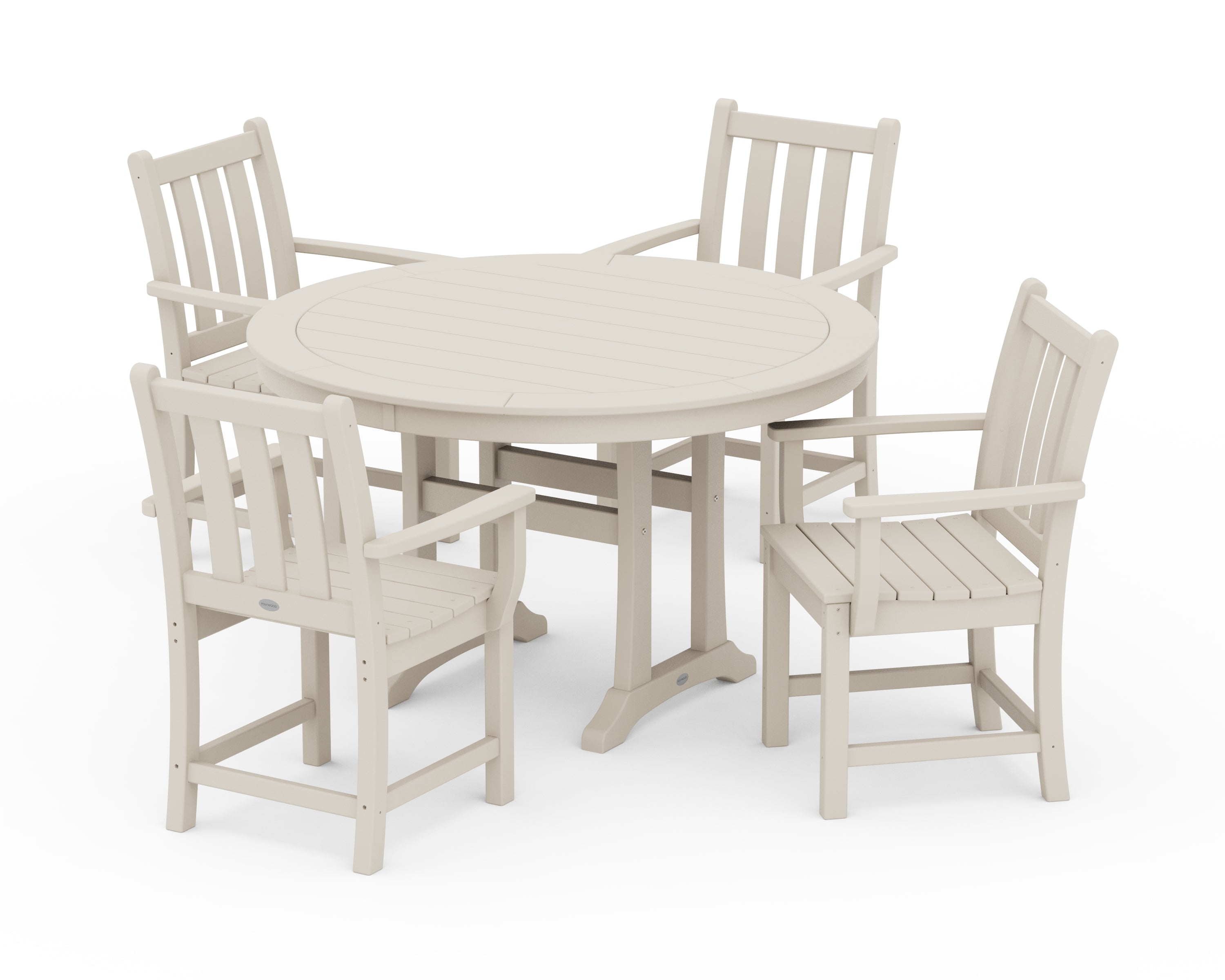 POLYWOOD Traditional Garden 5-Piece Round Dining Set with Trestle Legs in Sand