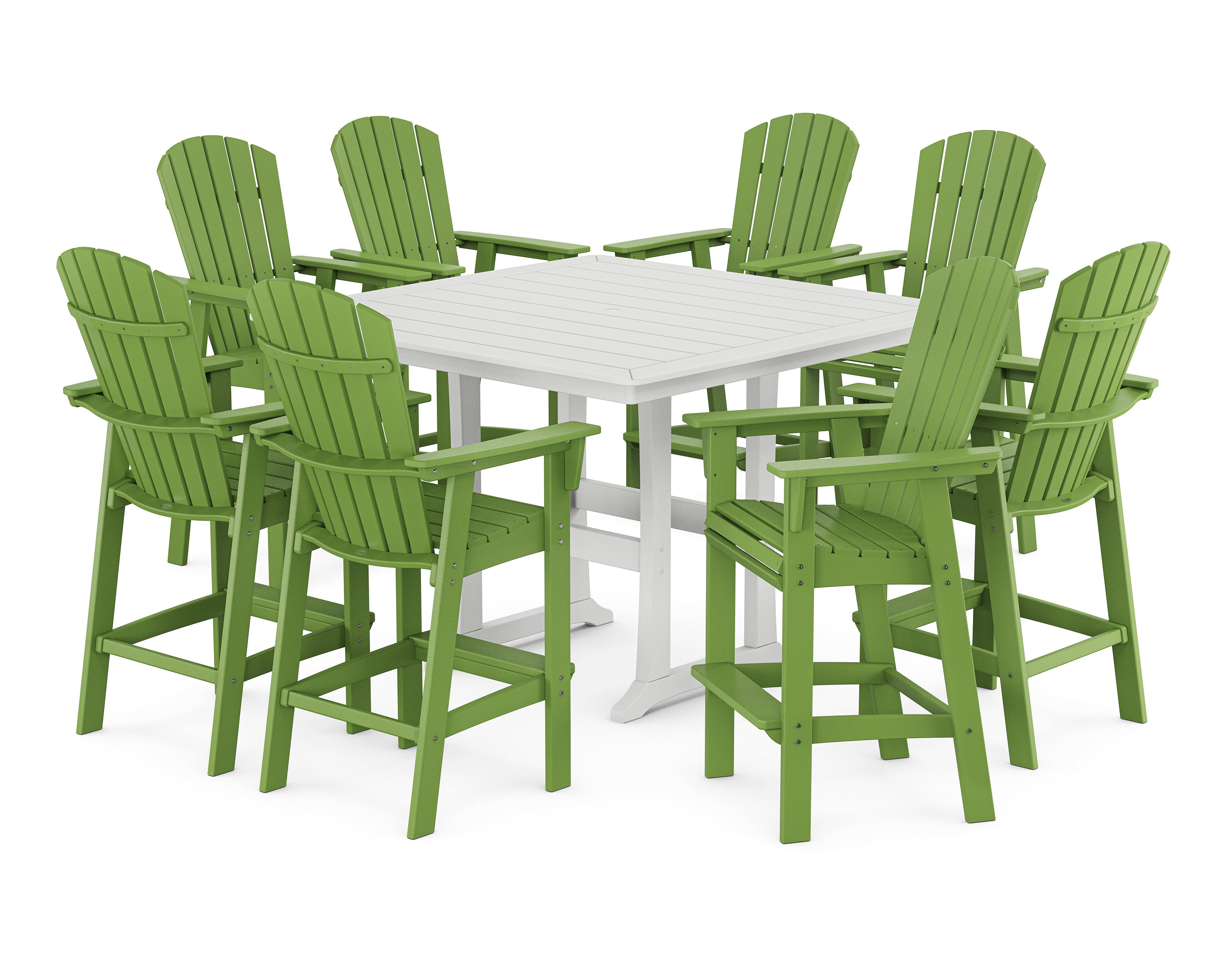 POLYWOOD® Nautical Curveback Adirondack 9-Piece Trestle Bar Set in Lime / White