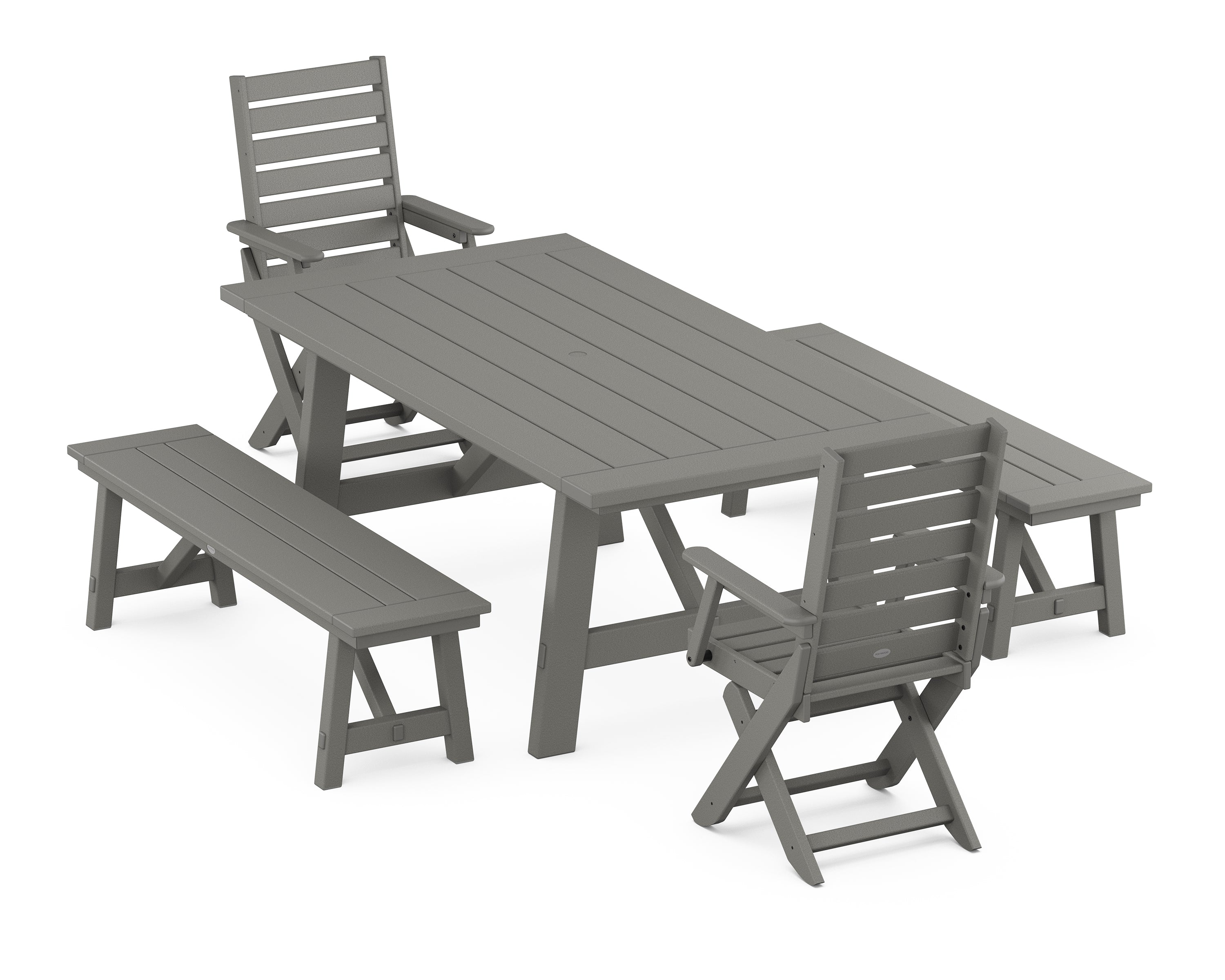 POLYWOOD Captain Folding Chair 5-Piece Rustic Farmhouse Dining Set With Benches in Slate Grey