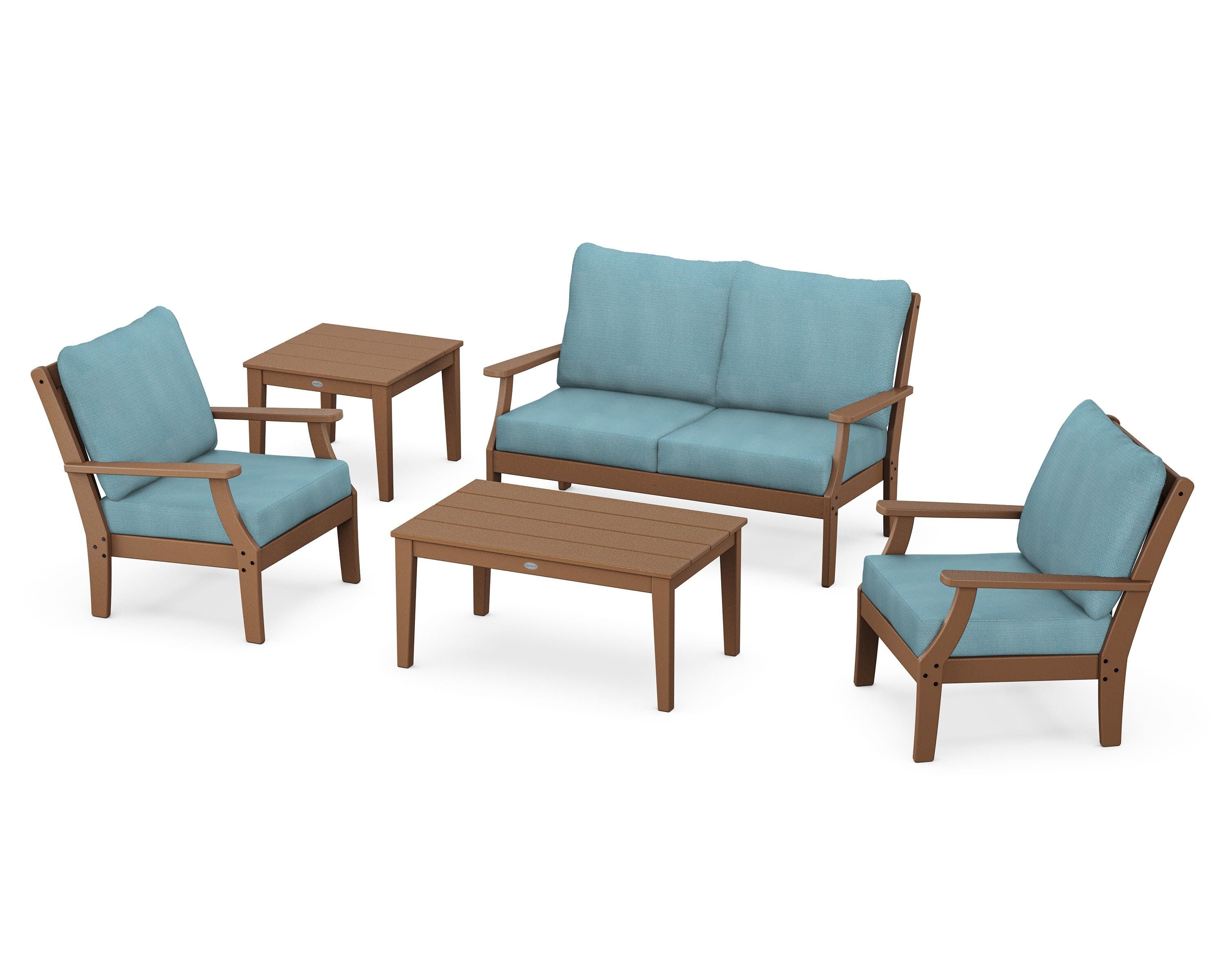 POLYWOOD Braxton 5-Piece Deep Seating Set in Teak / Lattice Sky Blue