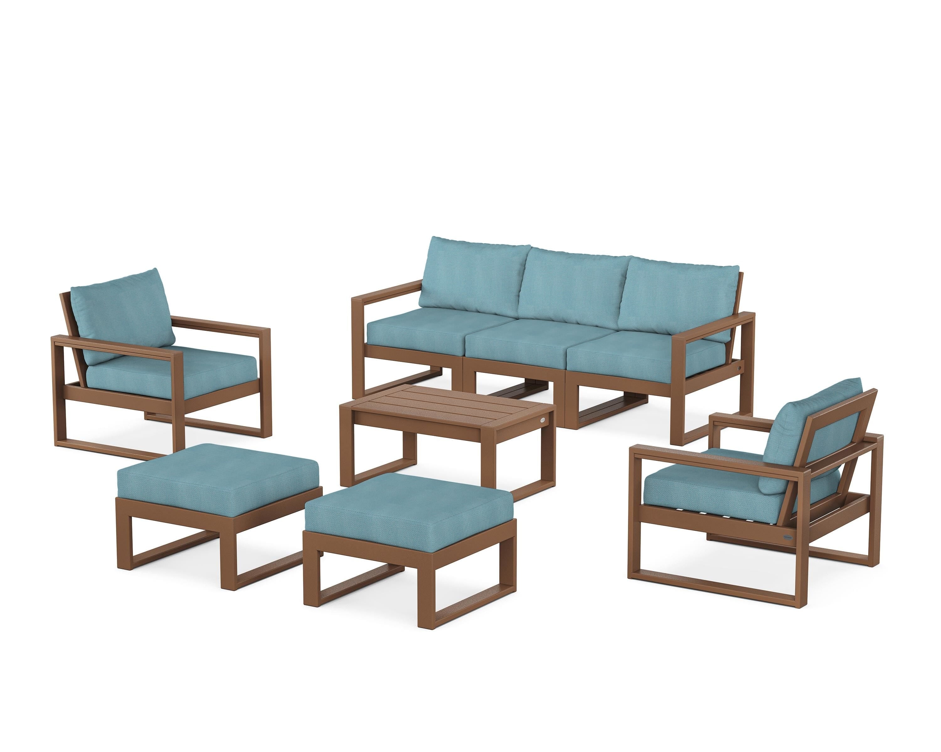 POLYWOOD EDGE Sectional 8-Piece Lounge Sofa Set in Teak / Lattice Sky Blue