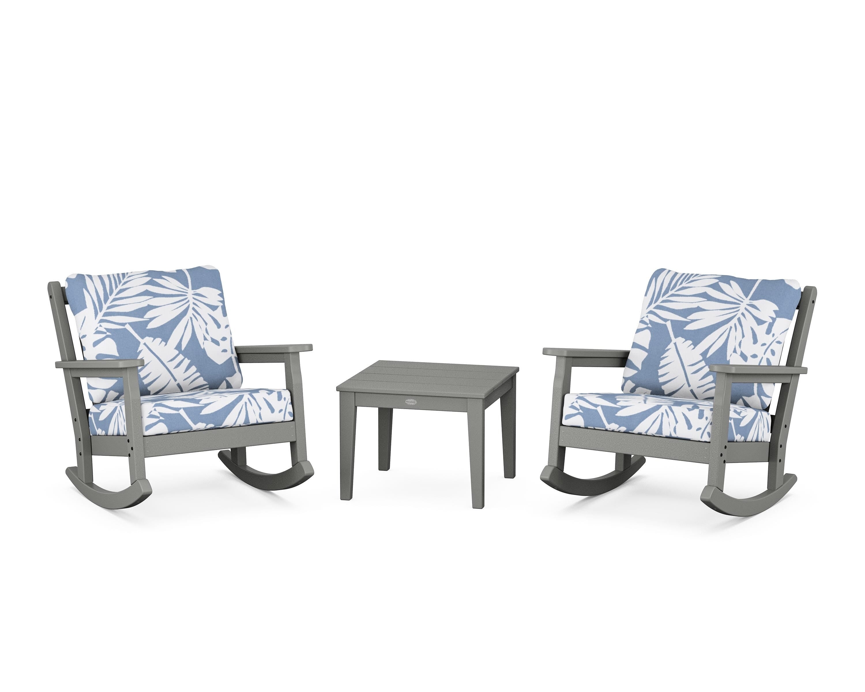 POLYWOOD Chippendale 3-Piece Deep Seating Rocker Set in Slate Grey / Leaf Sky Blue