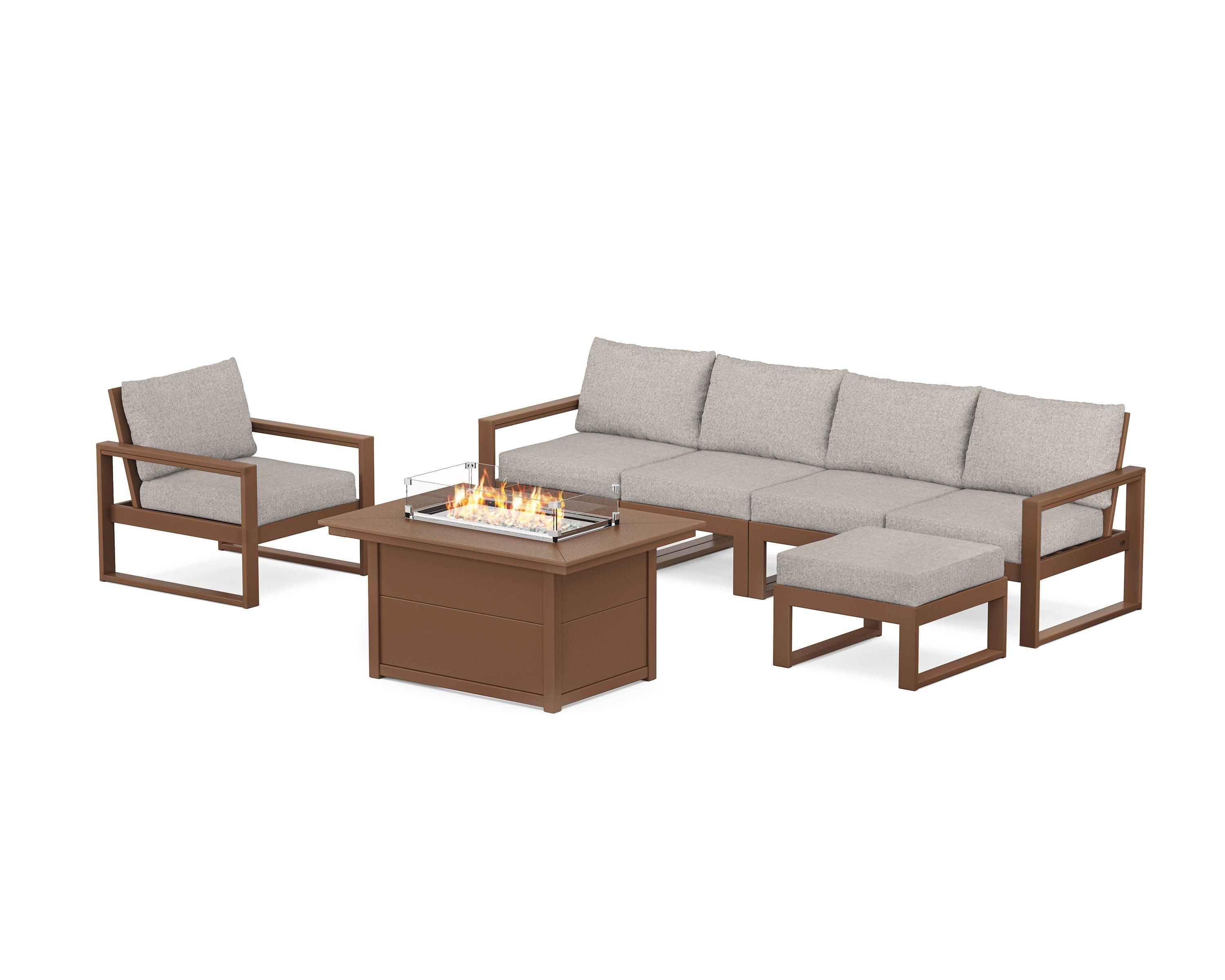 POLYWOOD EDGE Sectional Lounge and Fire Pit Set in Teak / Weathered Tweed