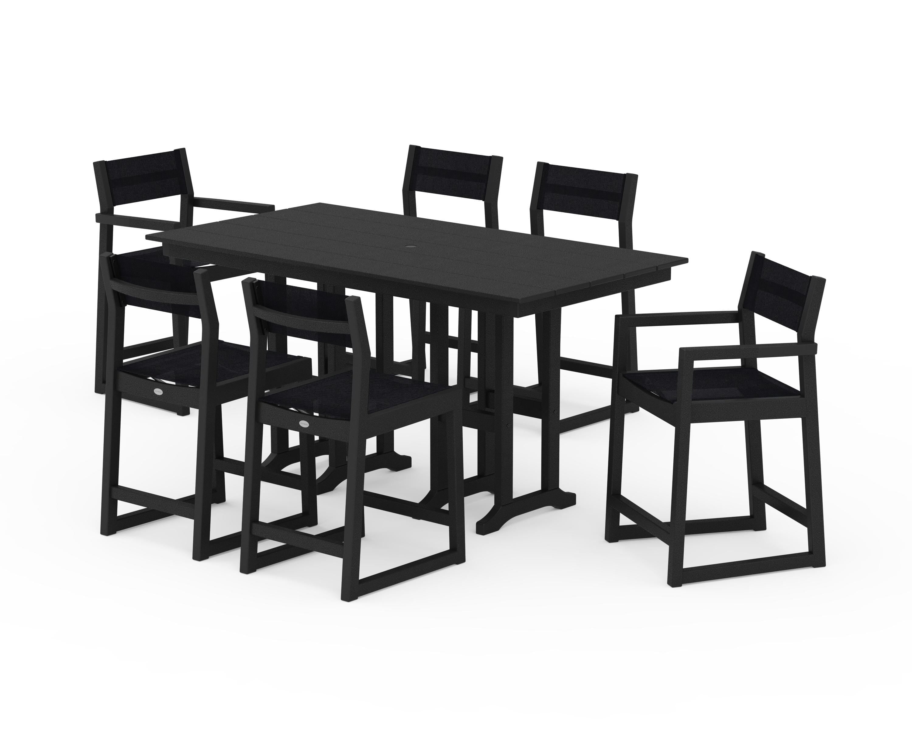 POLYWOOD EDGE Sling 7-Piece Farmhouse Counter Set in Black / Black Sling