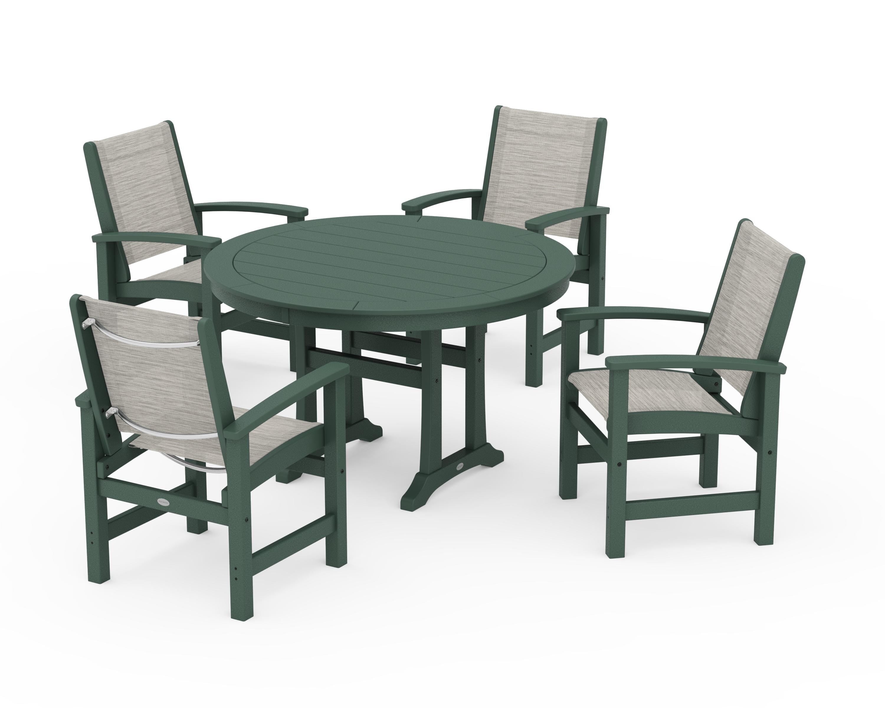 POLYWOOD Coastal 5-Piece Round Dining Set with Trestle Legs in Green / Birch Sling