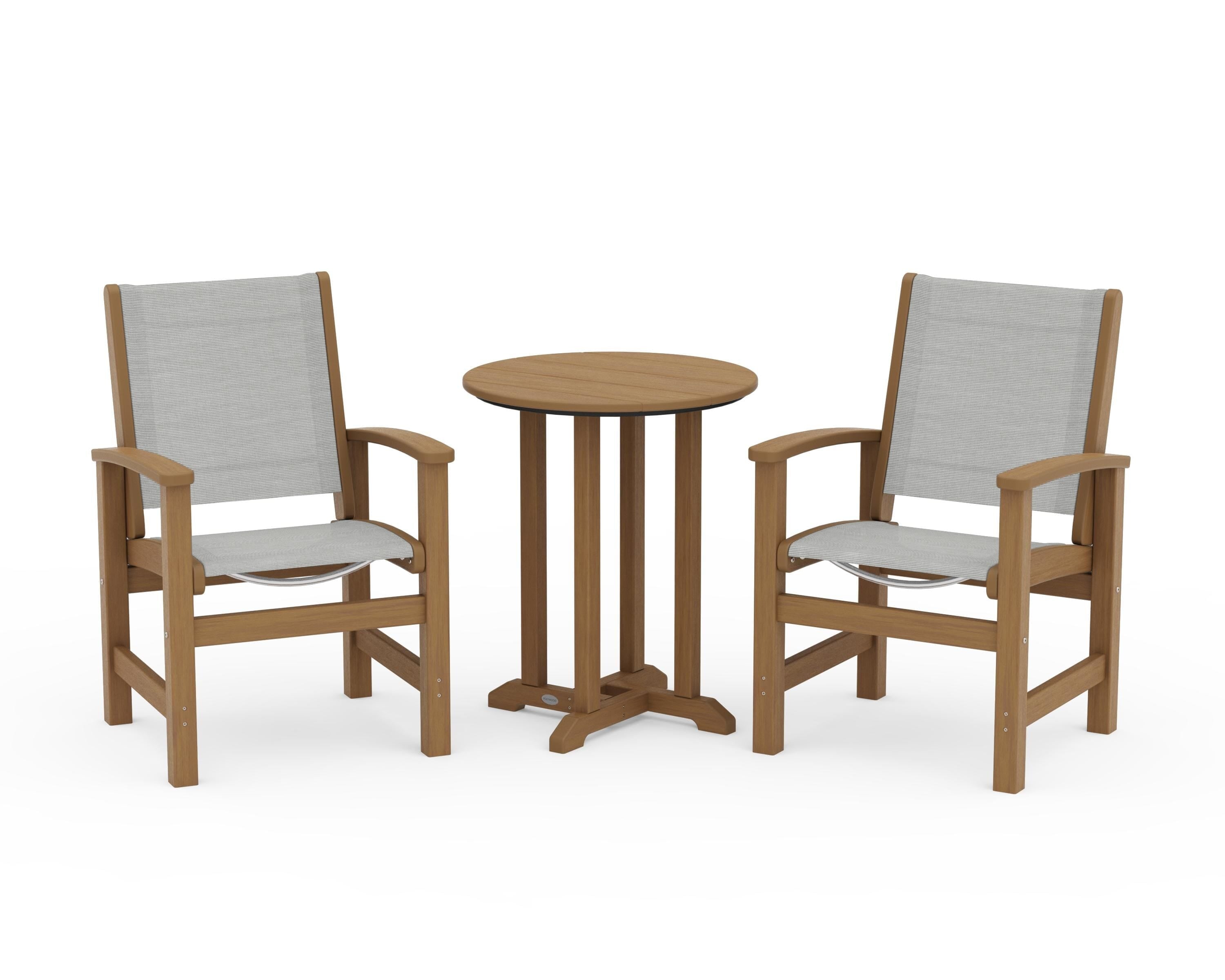 POLYWOOD Coastal 3-Piece Round Bistro Dining Set in Natural / Metallic Sling