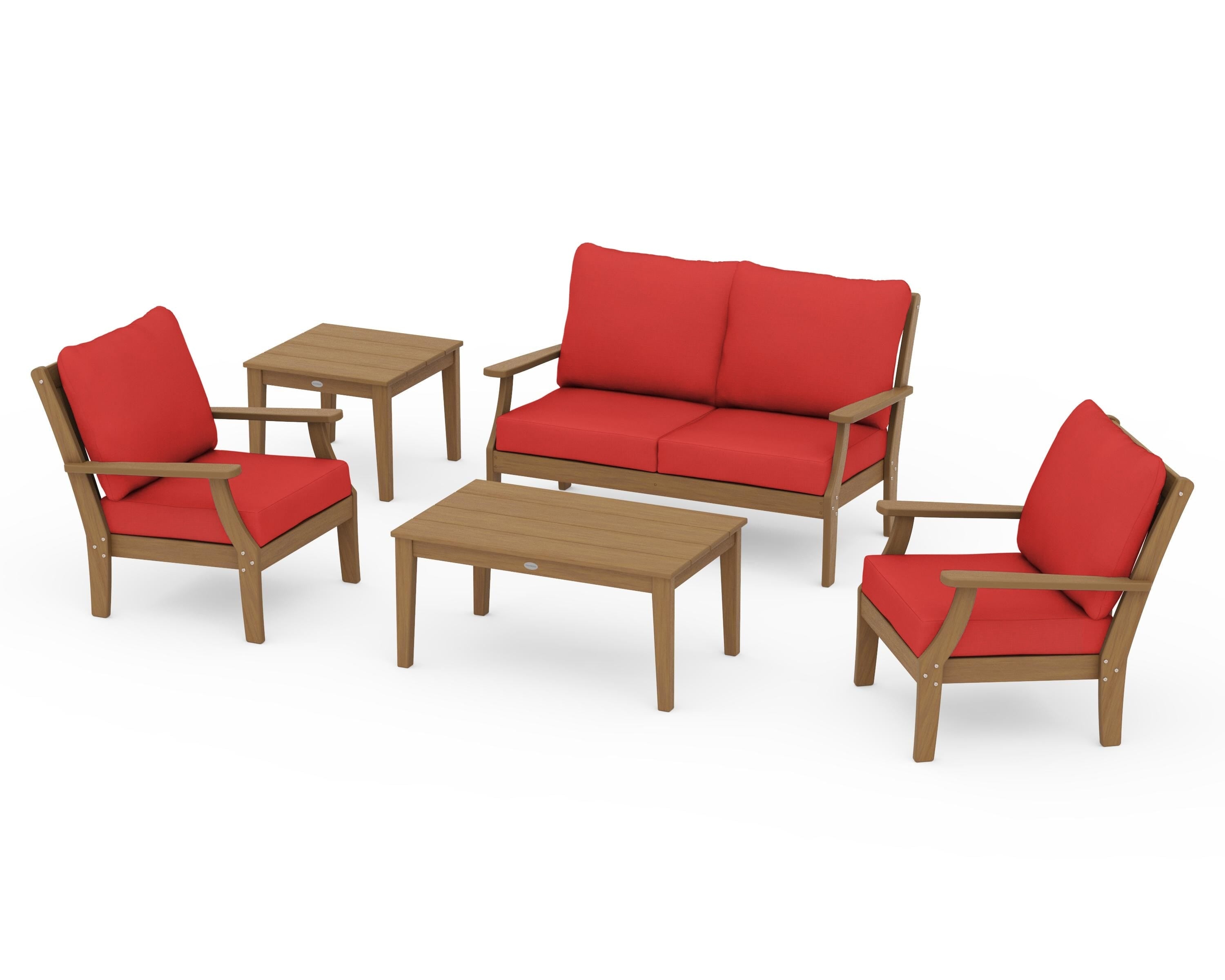POLYWOOD Braxton 5-Piece Deep Seating Set in Natural / Crimson Linen
