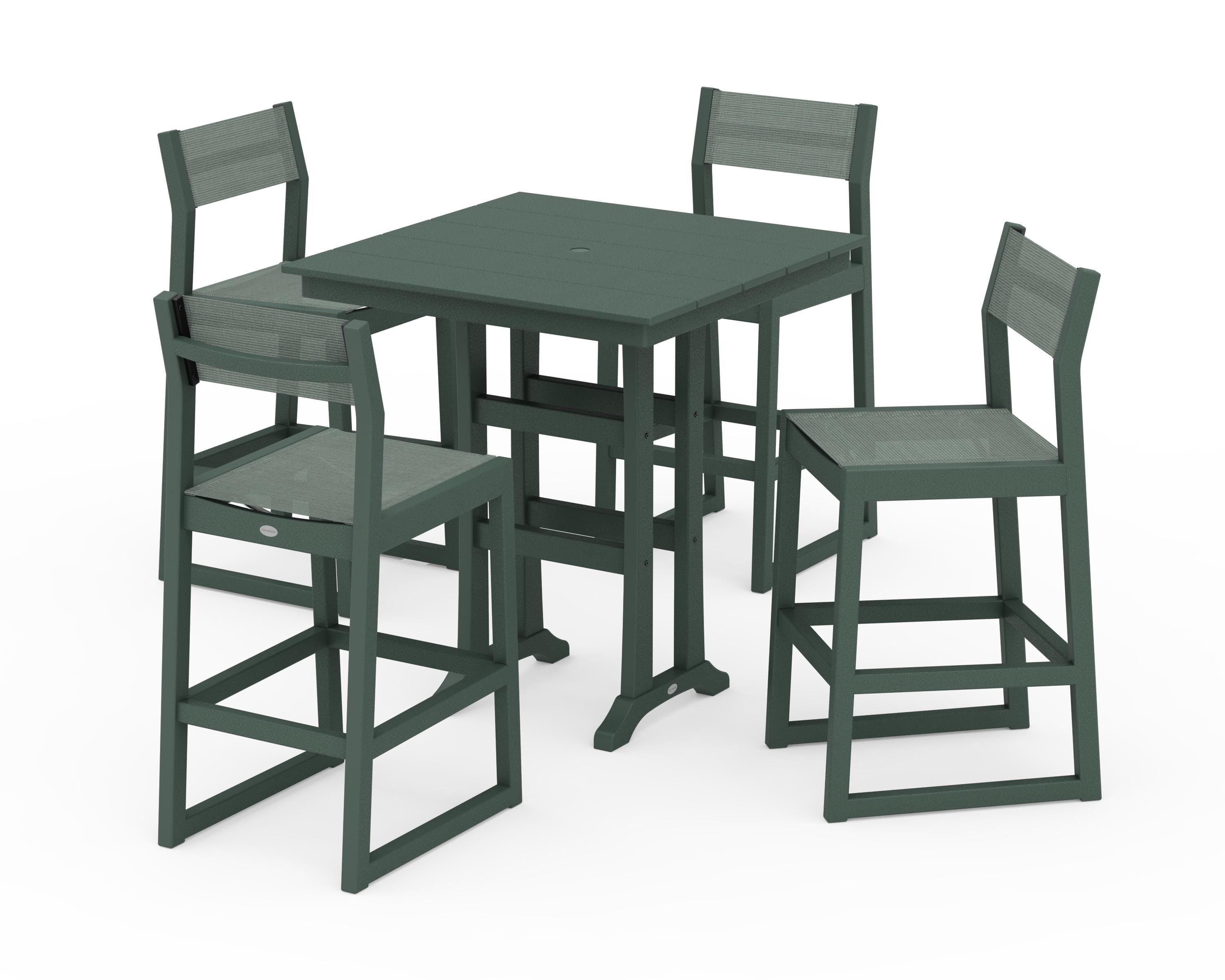 POLYWOOD EDGE Sling Arm Chair 5-Piece Farmhouse Bar Set with Trestle Legs in Green / Dupioni Sea Mist Sling
