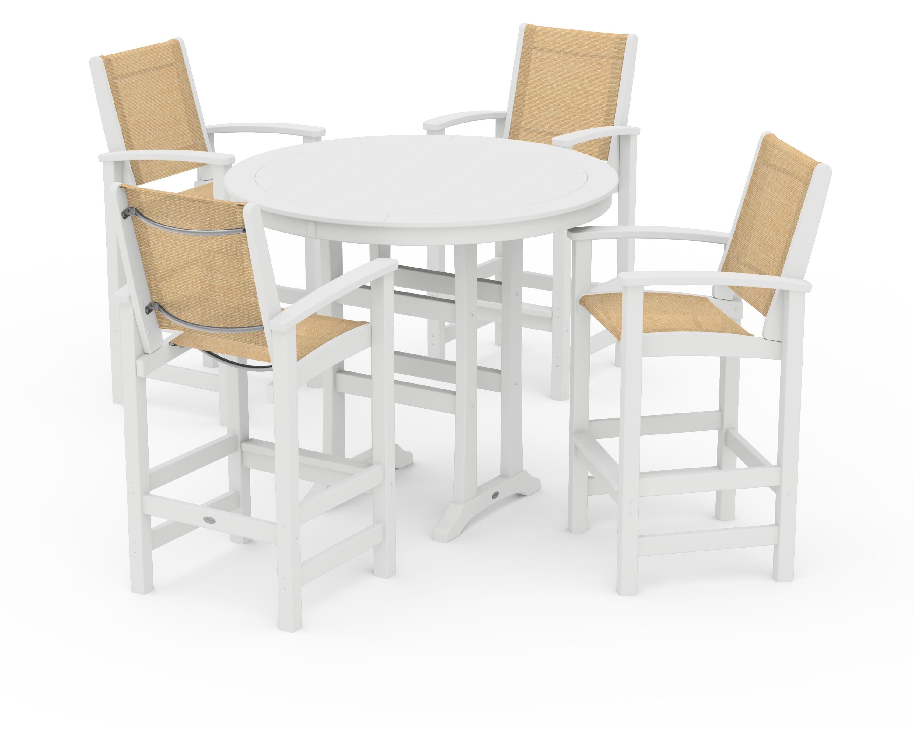 POLYWOOD Coastal 5-Piece Nautical Trestle Bar Set in White / Dupioni Apricot Sling