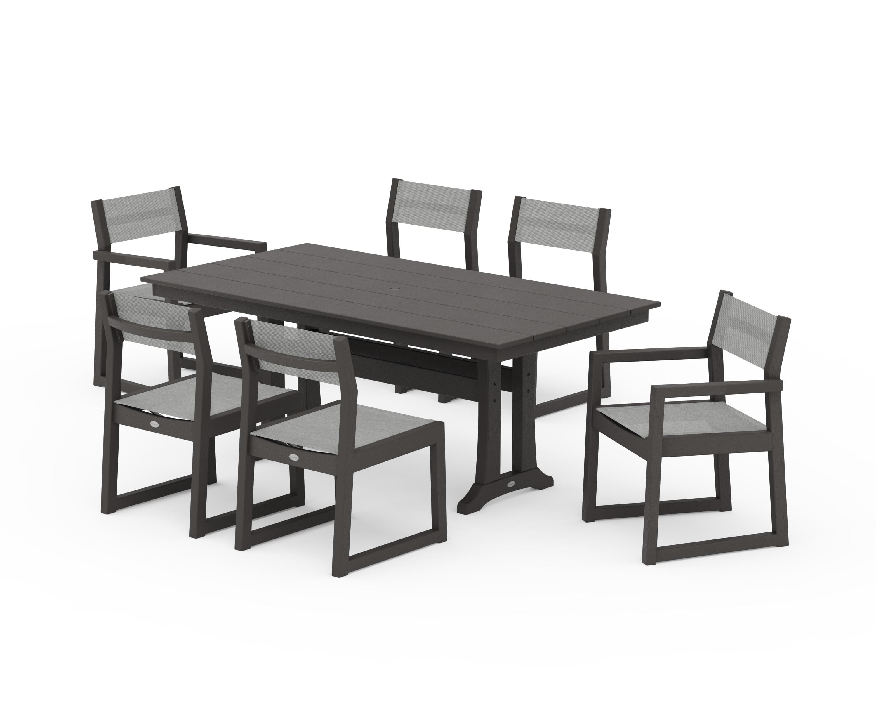 POLYWOOD EDGE Sling 7-Piece Farmhouse Trestle Dining Set in Vintage Coffee / Metallic Sling