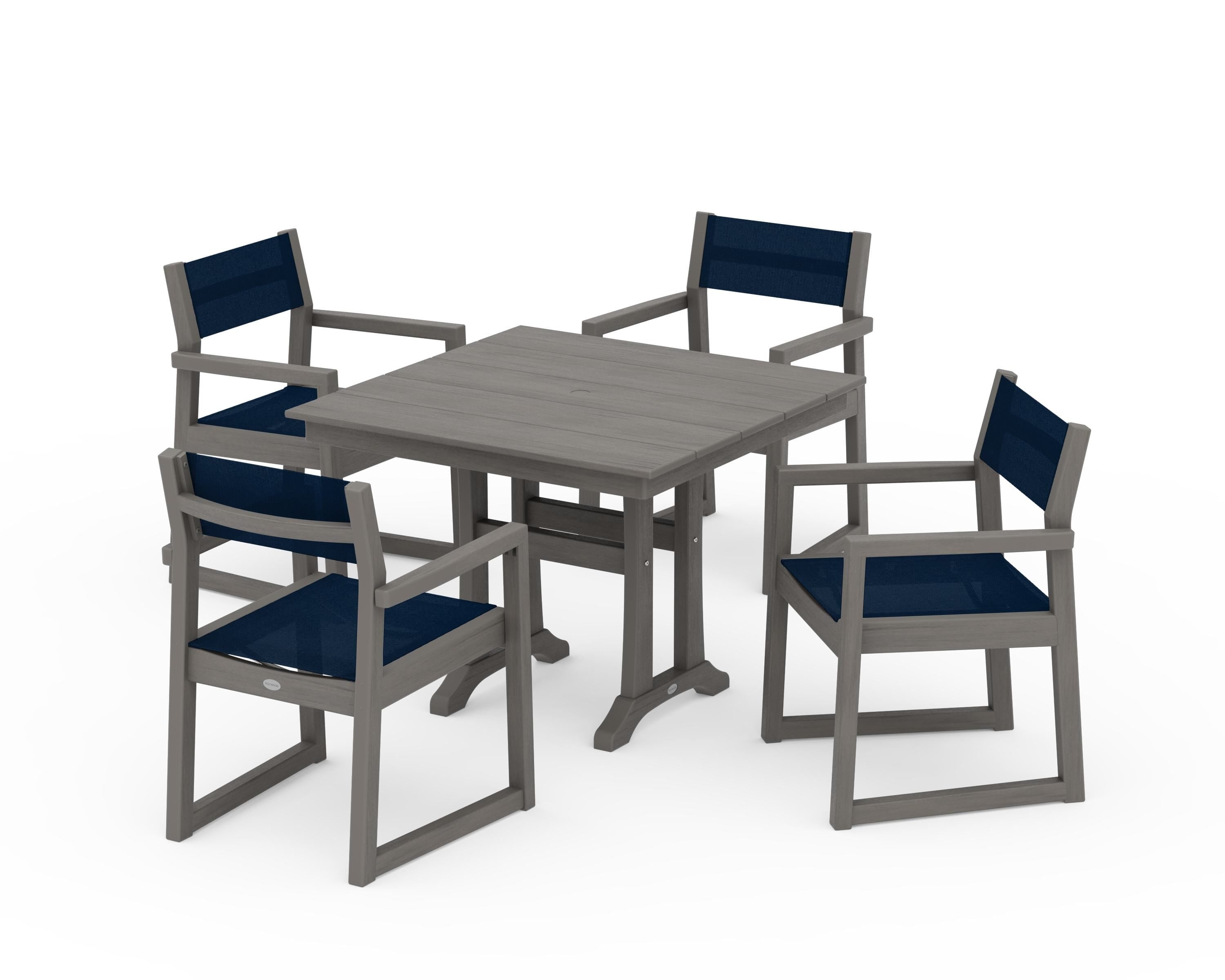 POLYWOOD EDGE Sling 5-Piece Farmhouse Dining Set with Trestle Legs in Driftwood / Navy Blue Sling