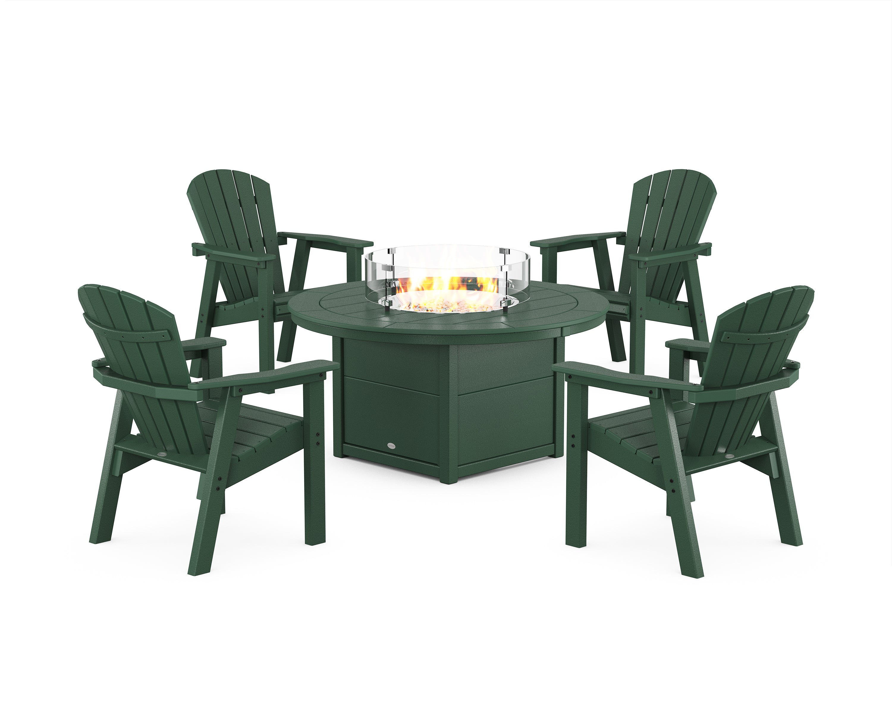 POLYWOOD Seashell 4-Piece Upright Adirondack Conversation Set with Fire Pit Table in Green