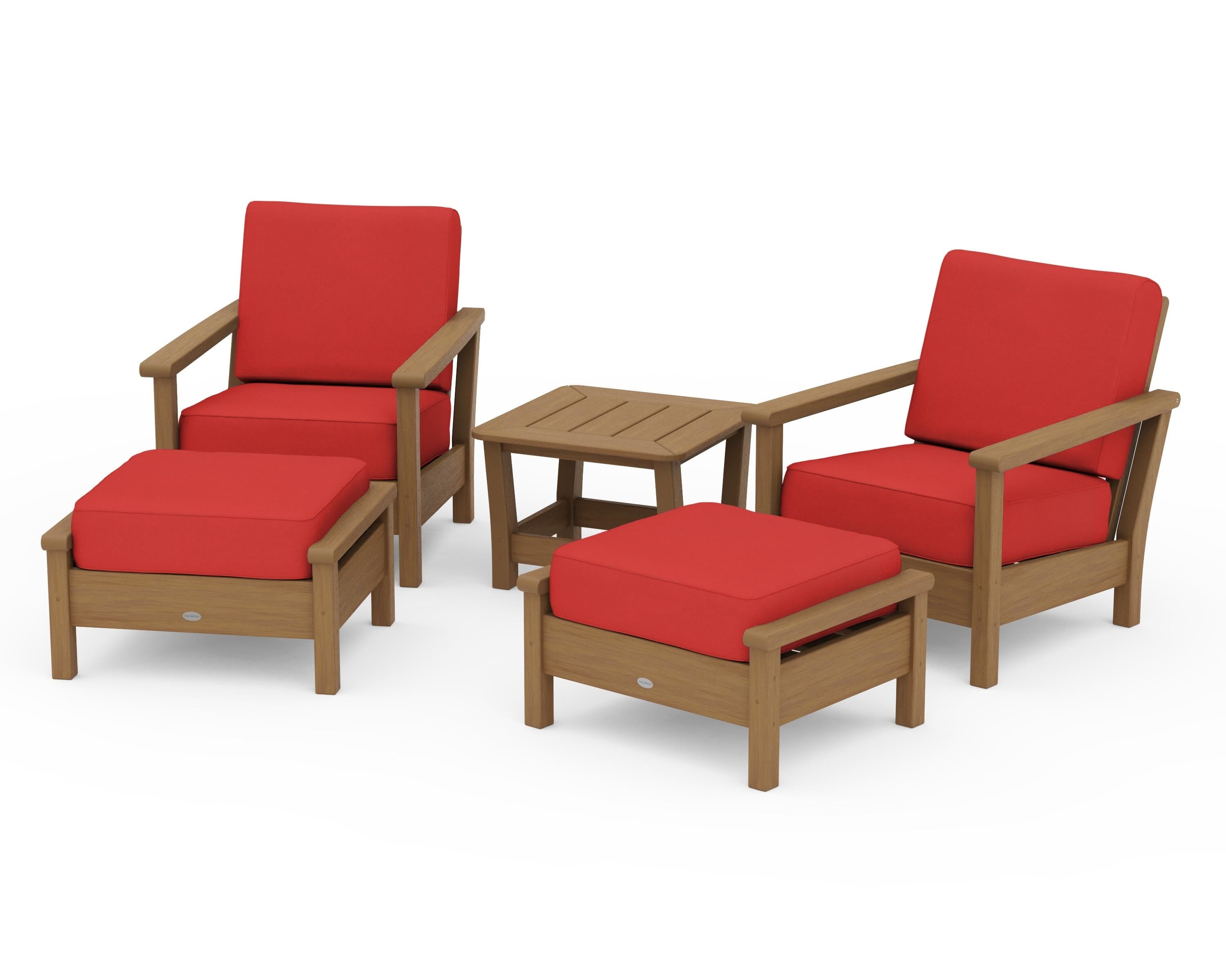 POLYWOOD Harbour 5-Piece Deep Seating Chair Set in Natural / Crimson Linen