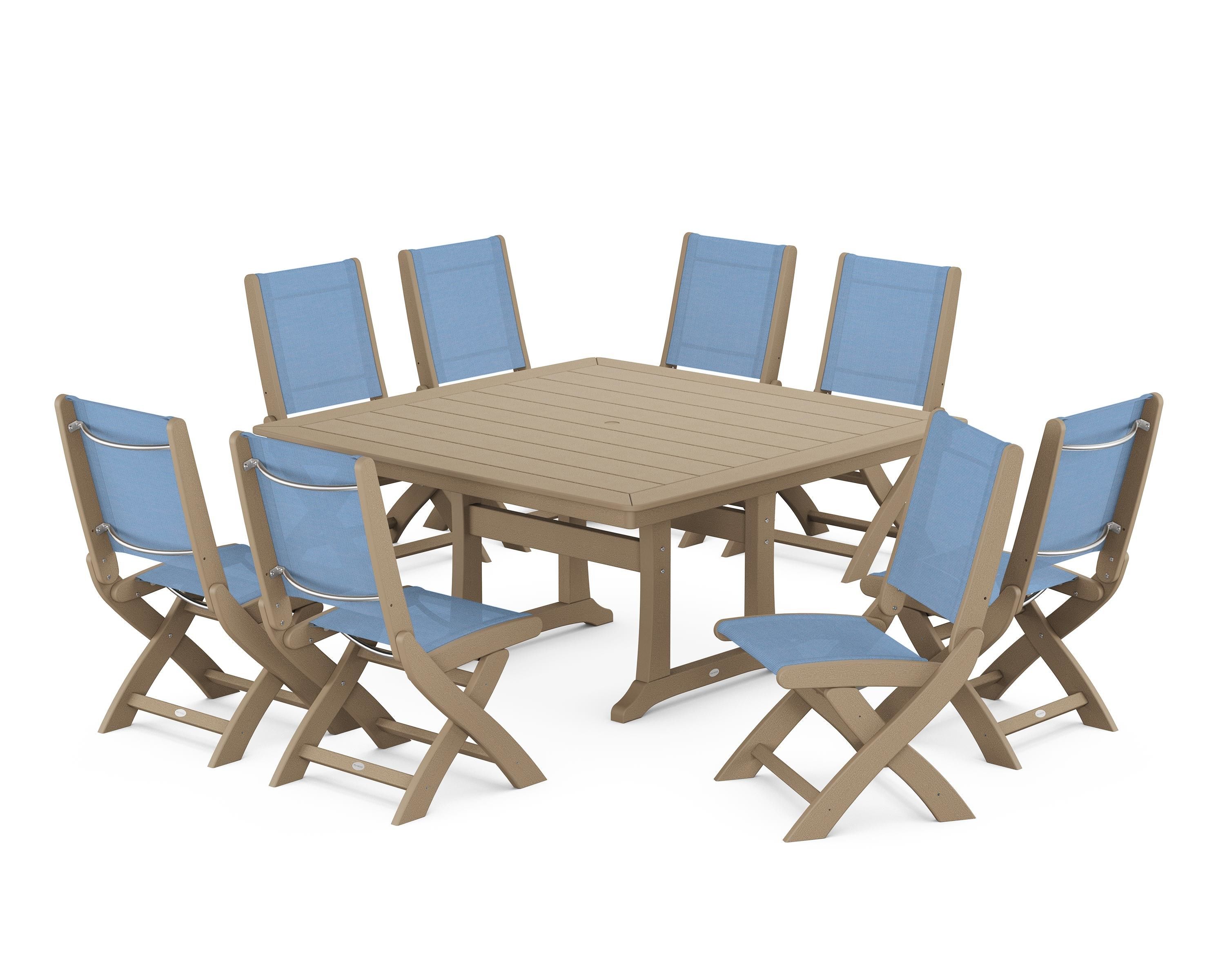 POLYWOOD Coastal Folding Side Chair 9-Piece Dining Set with Trestle Legs in Vintage Sahara / Poolside Sling