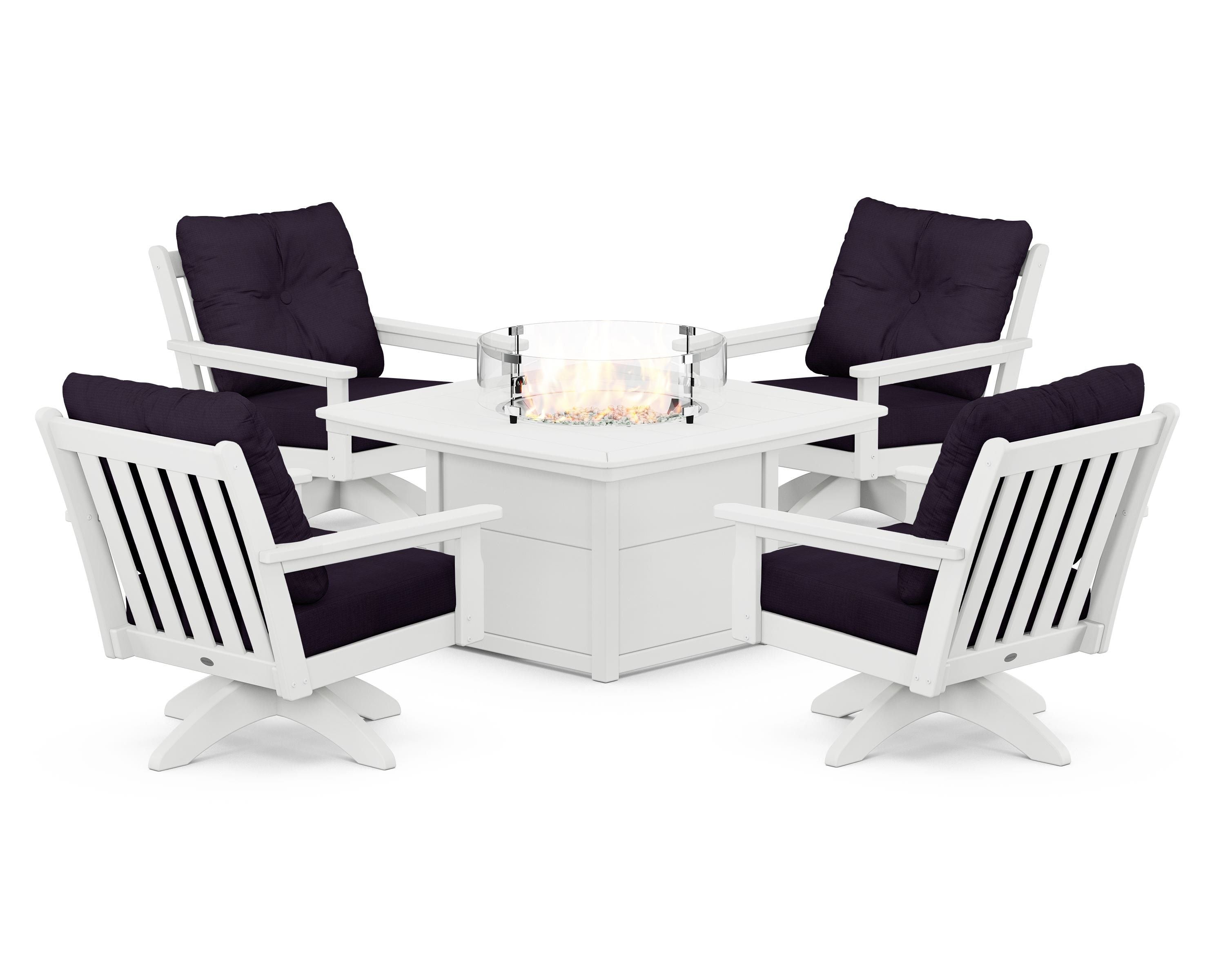 POLYWOOD Vineyard 5-Piece Deep Seating Swivel Conversation Set with Fire Pit Table in White / Navy Linen