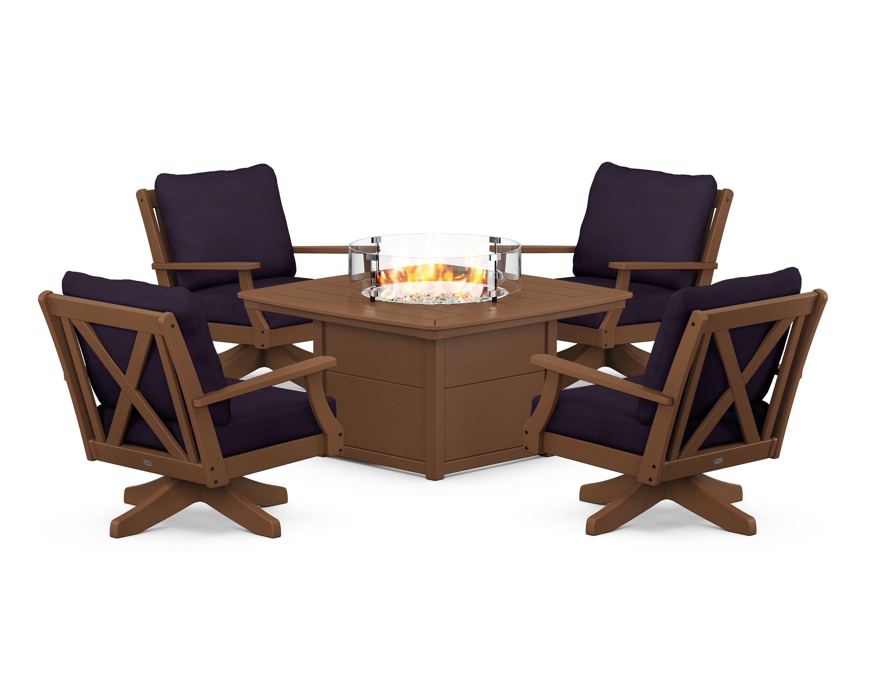 POLYWOOD Braxton 5-Piece Deep Seating Swivel Conversation Set with Fire Pit Table in Teak / Navy Linen