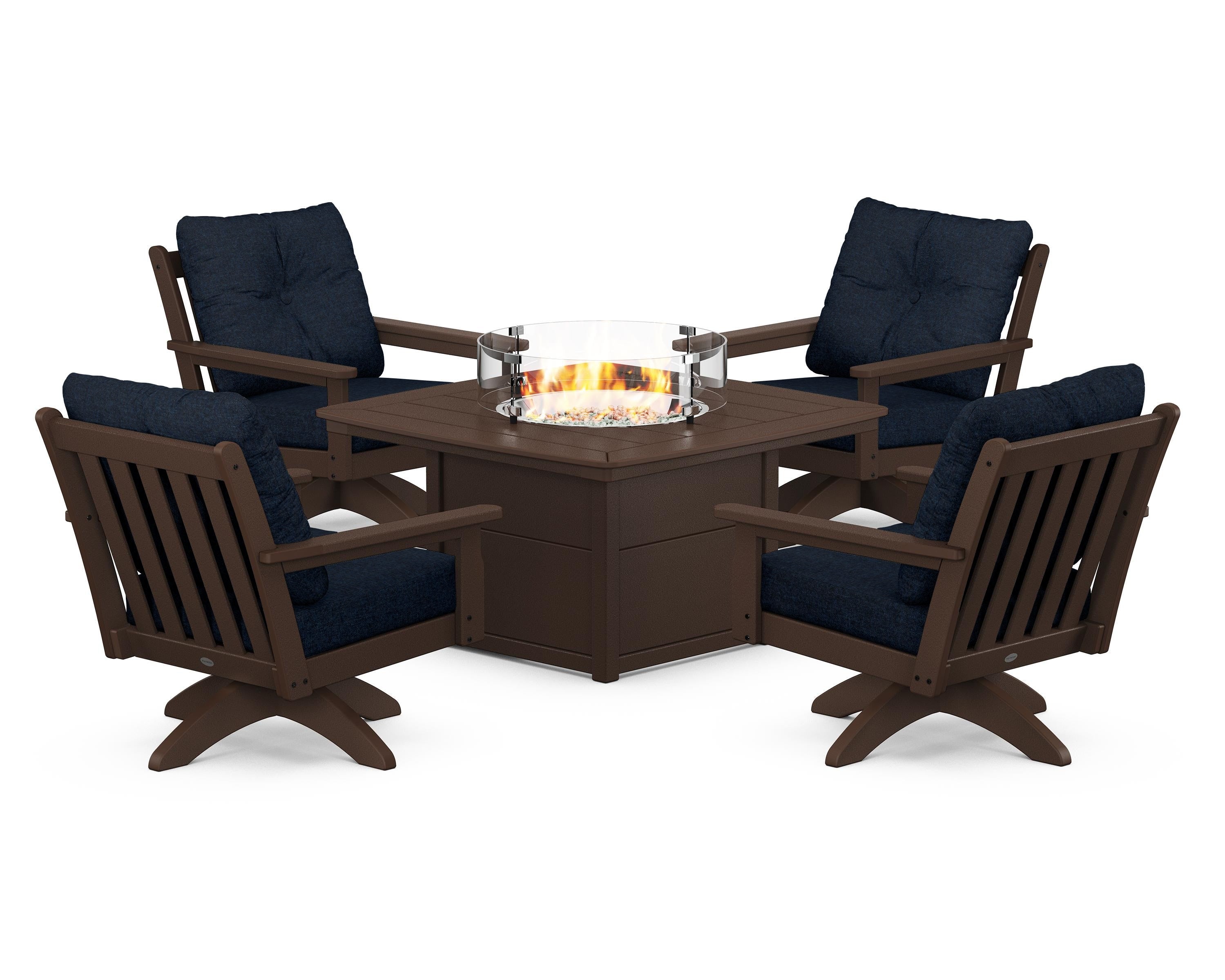 POLYWOOD Vineyard 5-Piece Deep Seating Swivel Conversation Set with Fire Pit Table in Mahogany / Marine Indigo