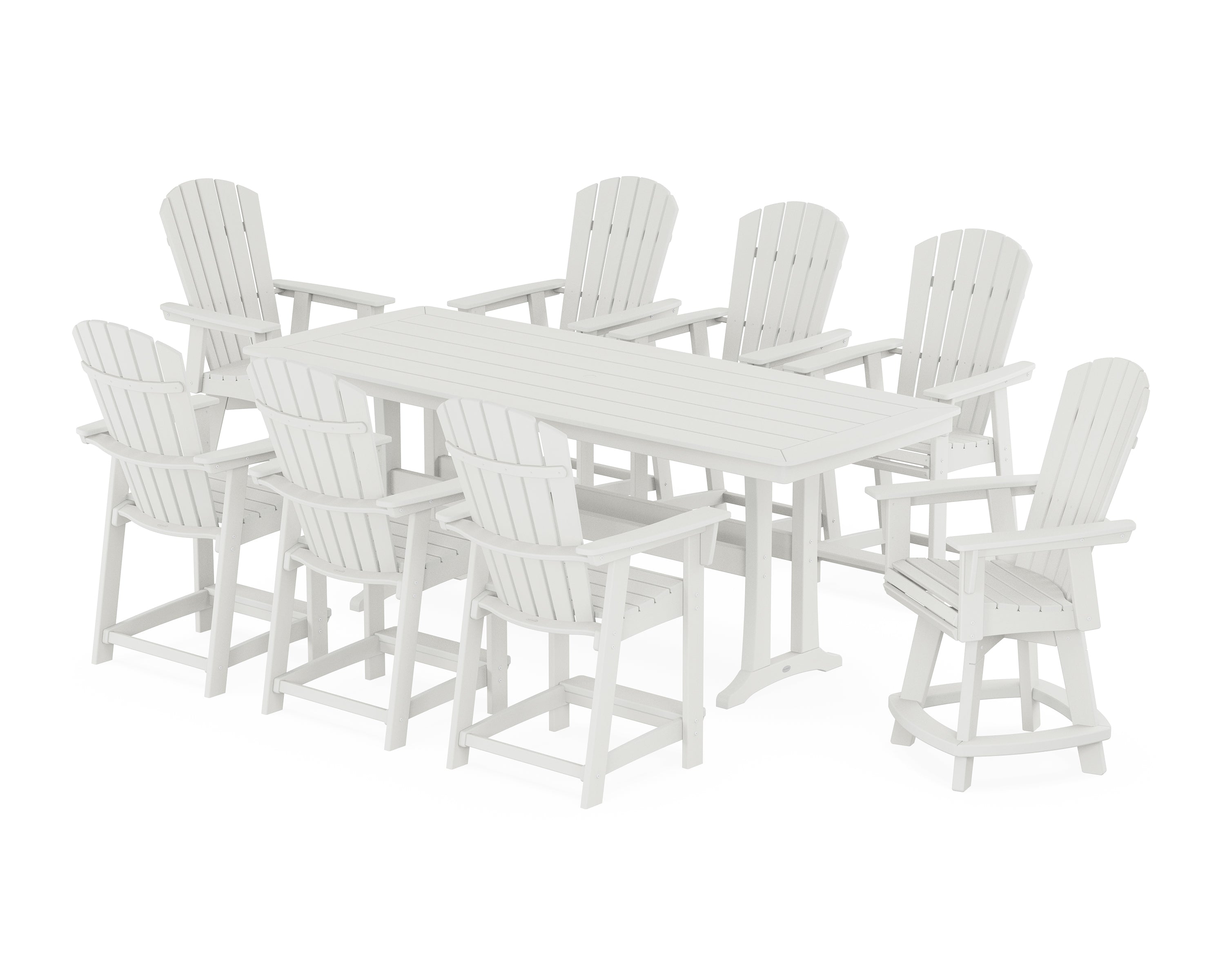 POLYWOOD® Nautical Curveback Adirondack Swivel 9-Piece Counter Set with Trestle Legs in Vintage White