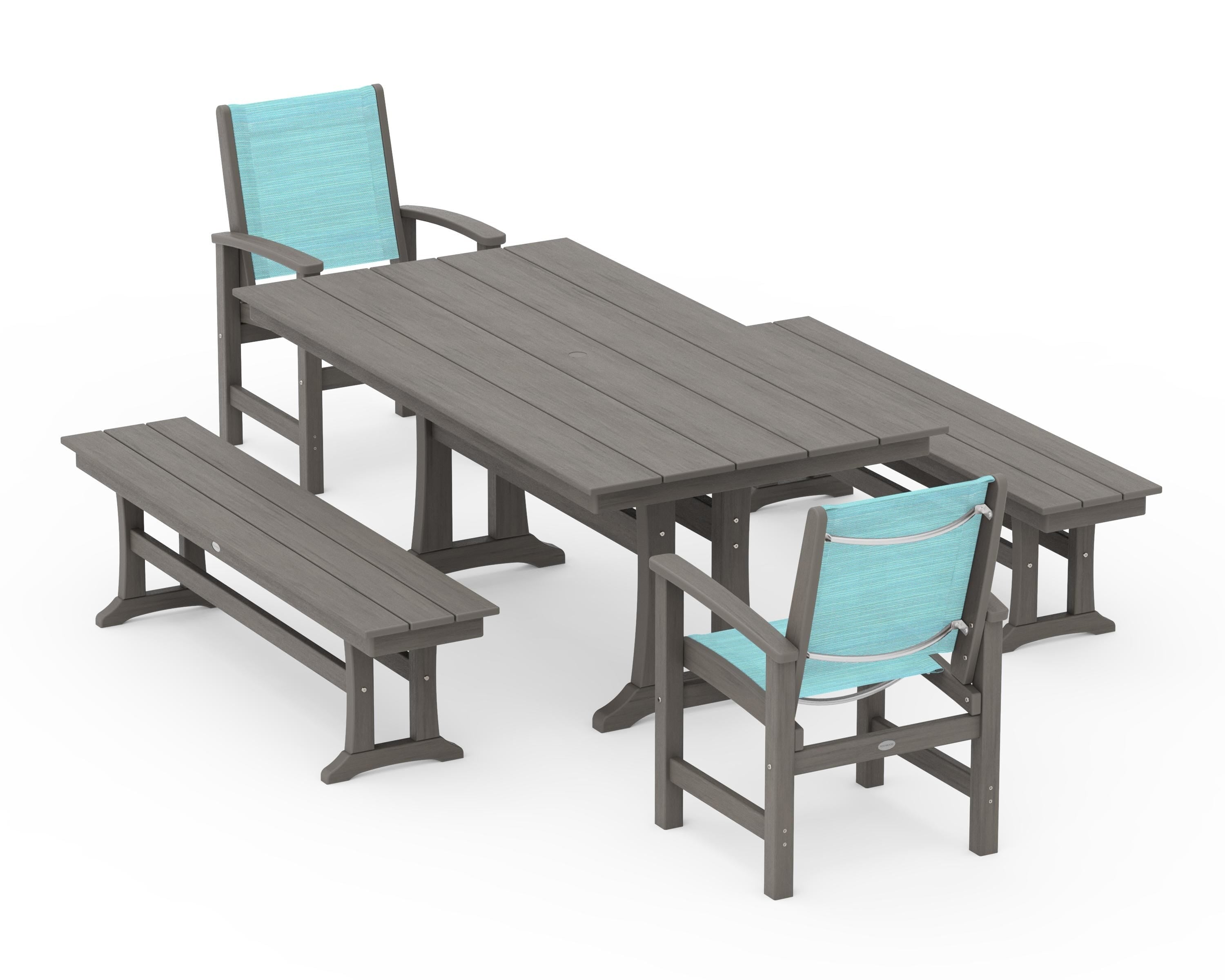 POLYWOOD Coastal 5-Piece Farmhouse Dining Set with Trestle Legs and Benches in Driftwood / Dupioni Aquamarine Sling