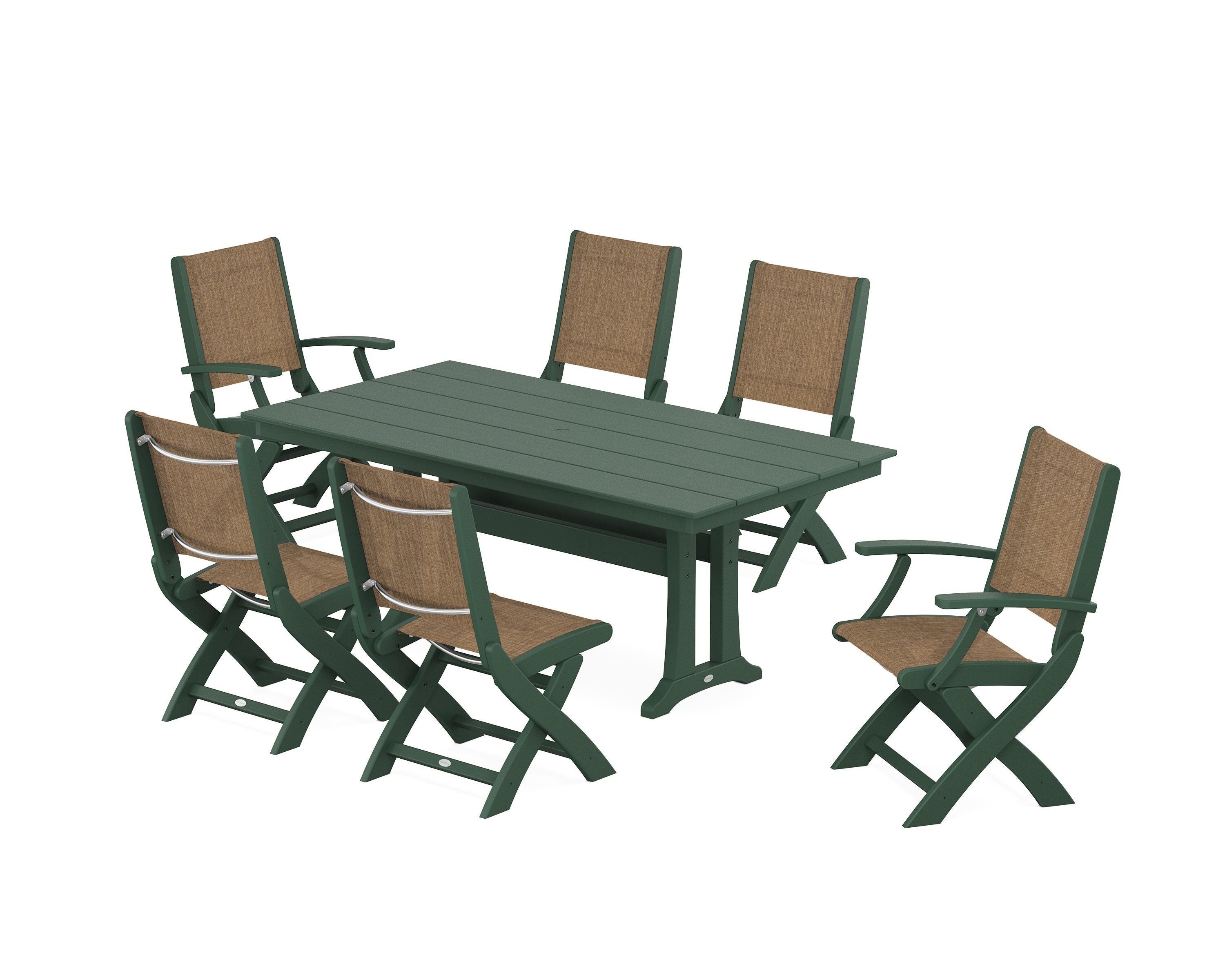 POLYWOOD Coastal Folding Chair 7-Piece Farmhouse Dining Set with Trestle Legs in Green / Burlap Sling