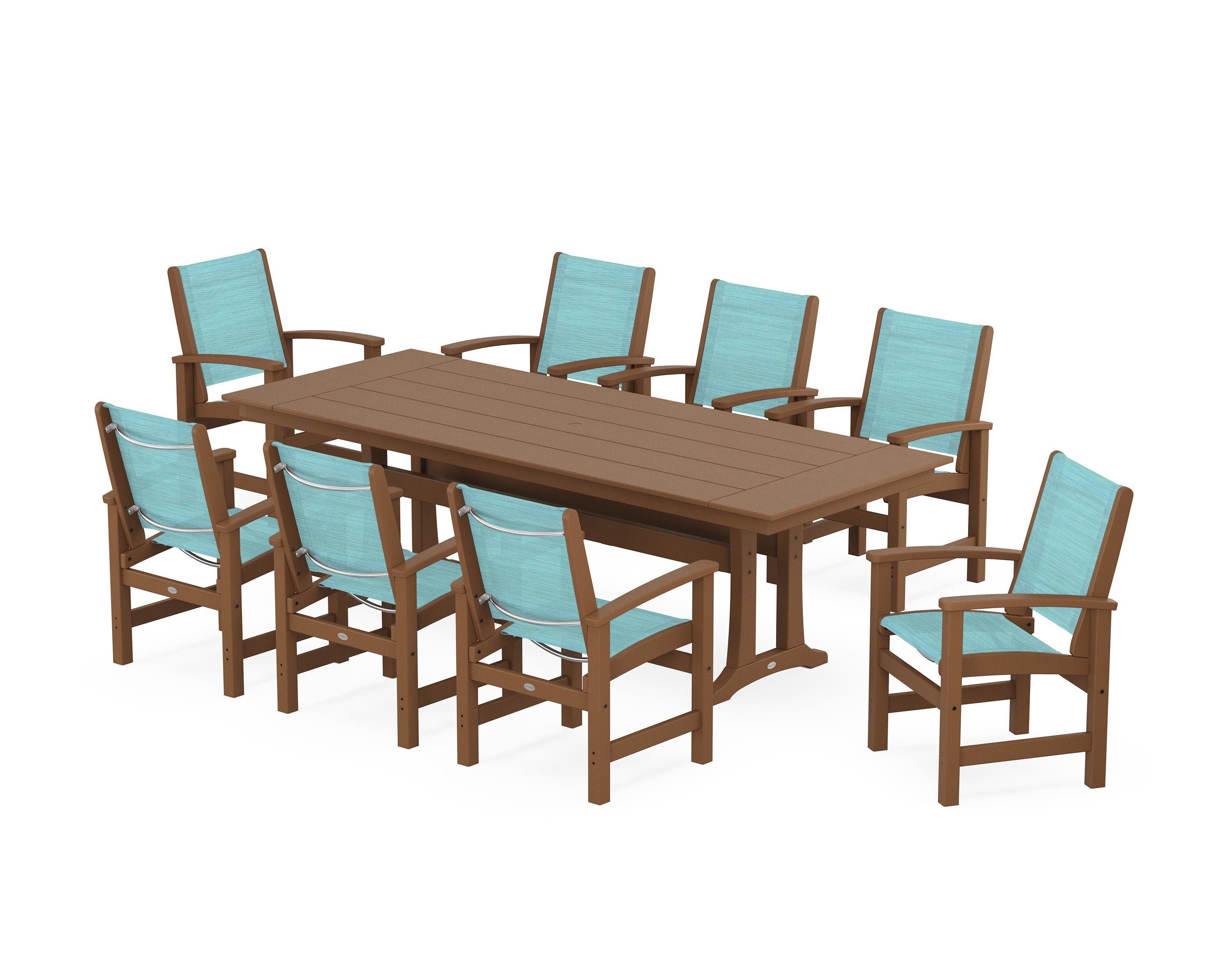 POLYWOOD Coastal 9-Piece Farmhouse Dining Set with Trestle Legs in Teak / Dupioni Aquamarine Sling