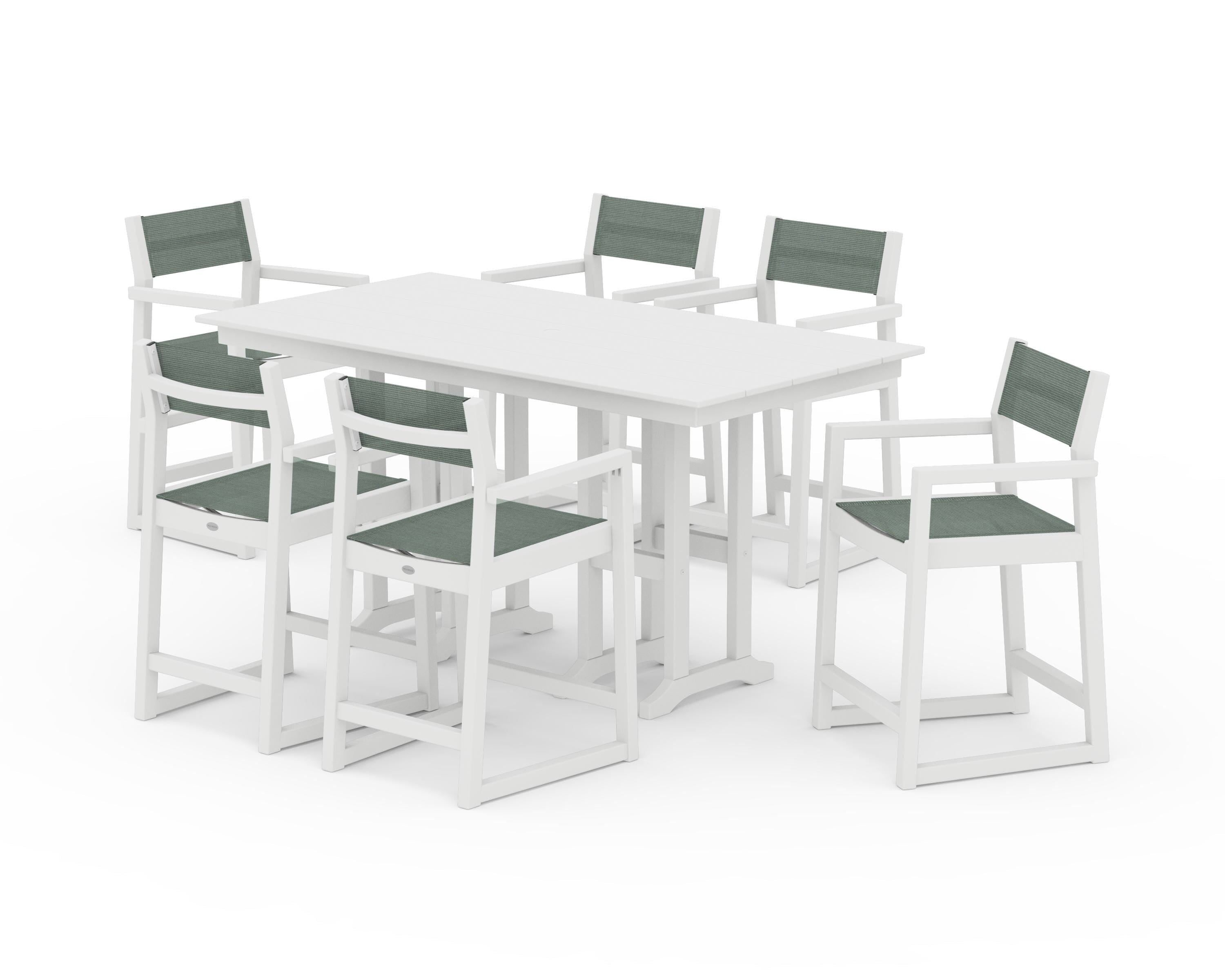 POLYWOOD EDGE Sling Arm Chair 7-Piece Farmhouse Counter Set in White / Dupioni Sea Mist Sling