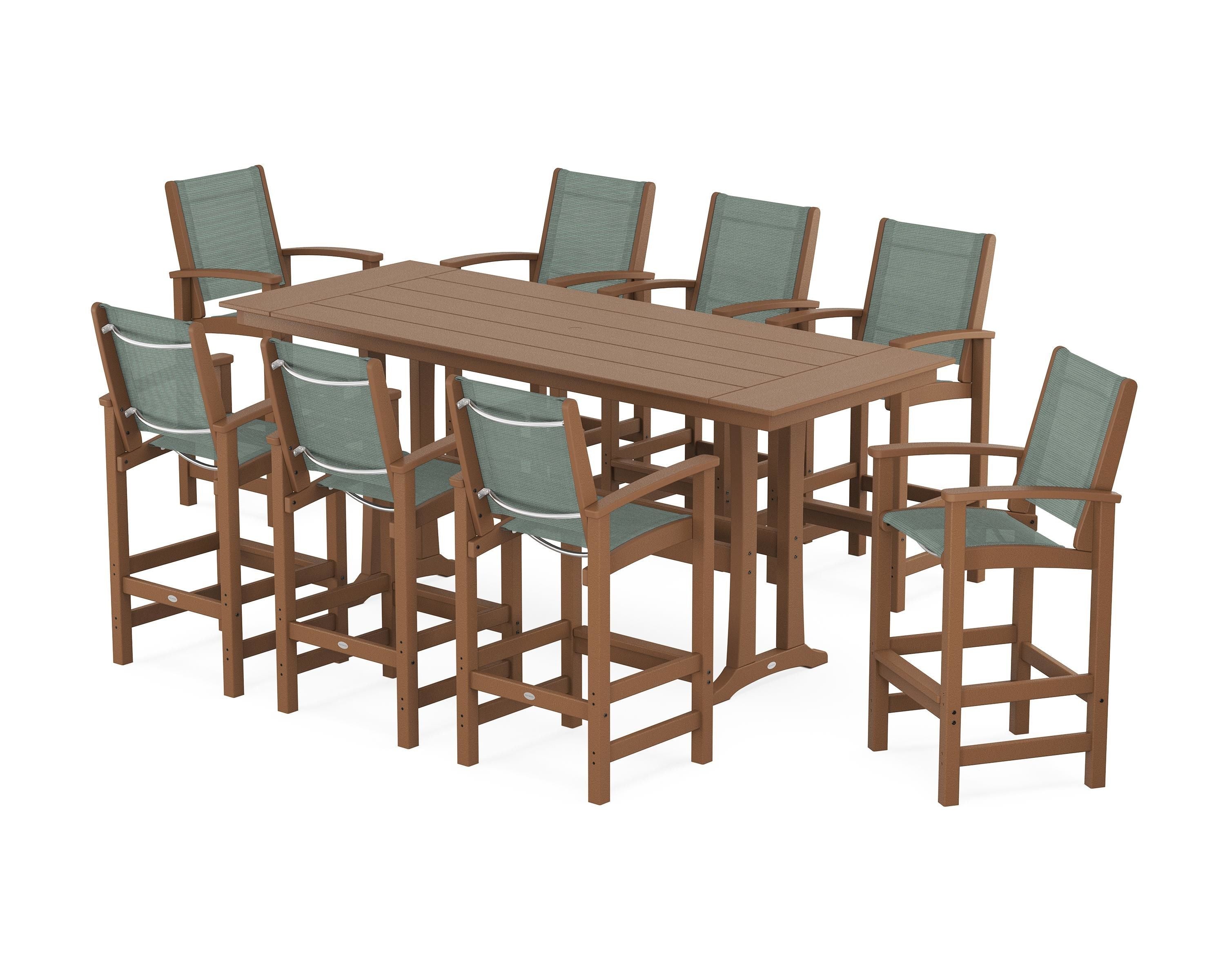 POLYWOOD Coastal 9-Piece Farmhouse Bar Set with Trestle Legs in Teak / Dupioni Sea Mist Sling