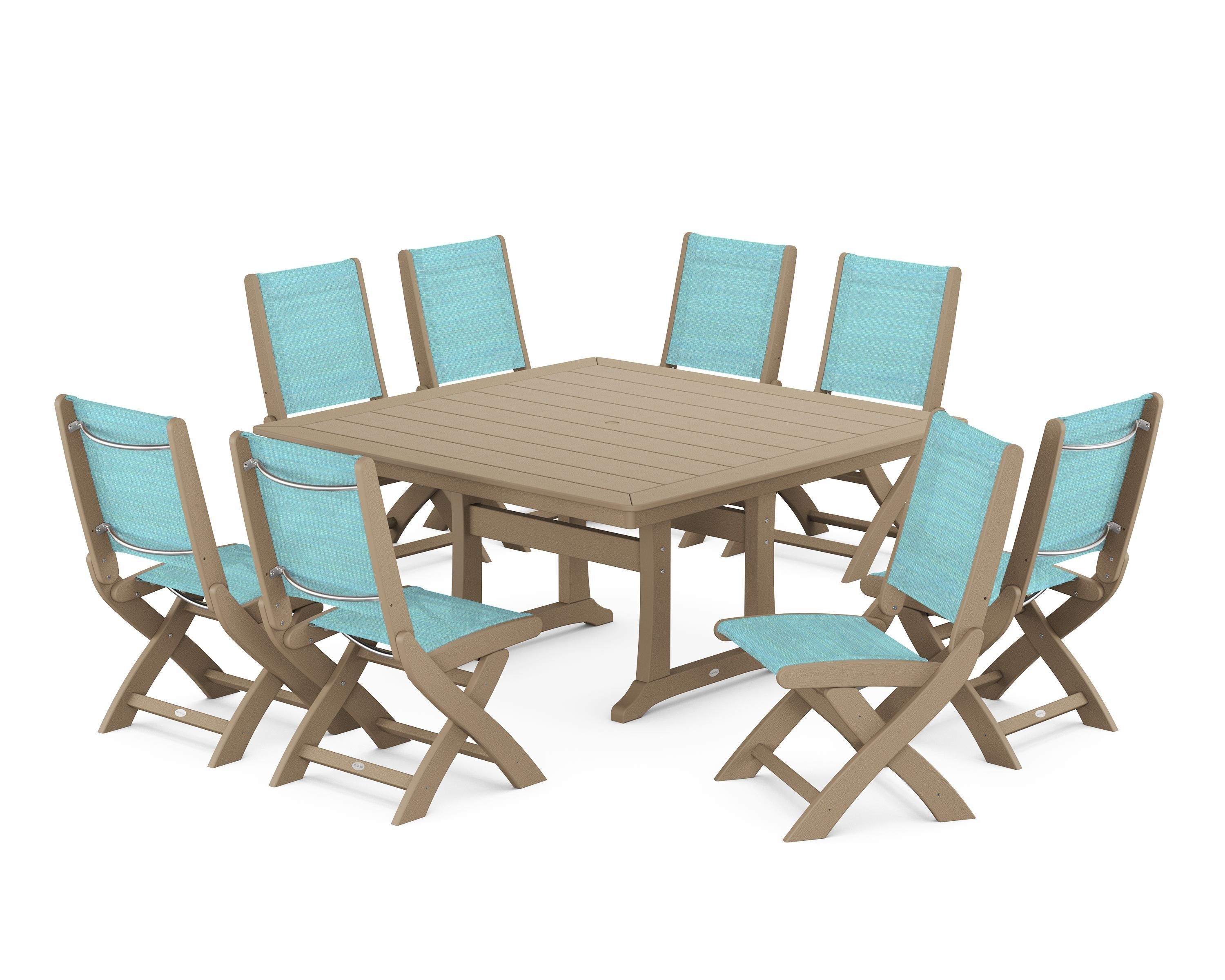 POLYWOOD Coastal Folding Side Chair 9-Piece Dining Set with Trestle Legs in Vintage Sahara / Dupioni Aquamarine Sling