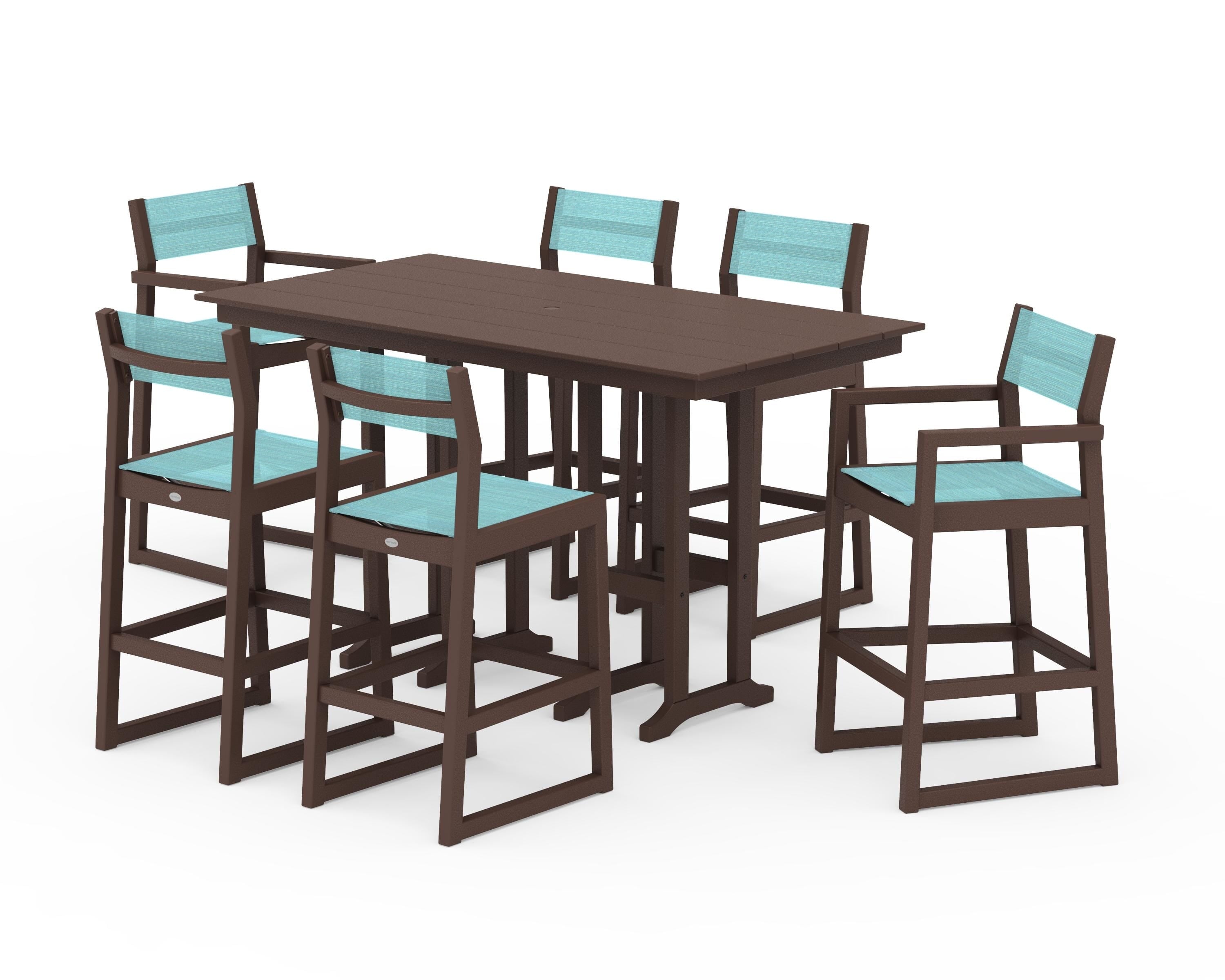 POLYWOOD EDGE Sling 7-Piece Farmhouse Bar Set in Mahogany / Dupioni Aquamarine Sling