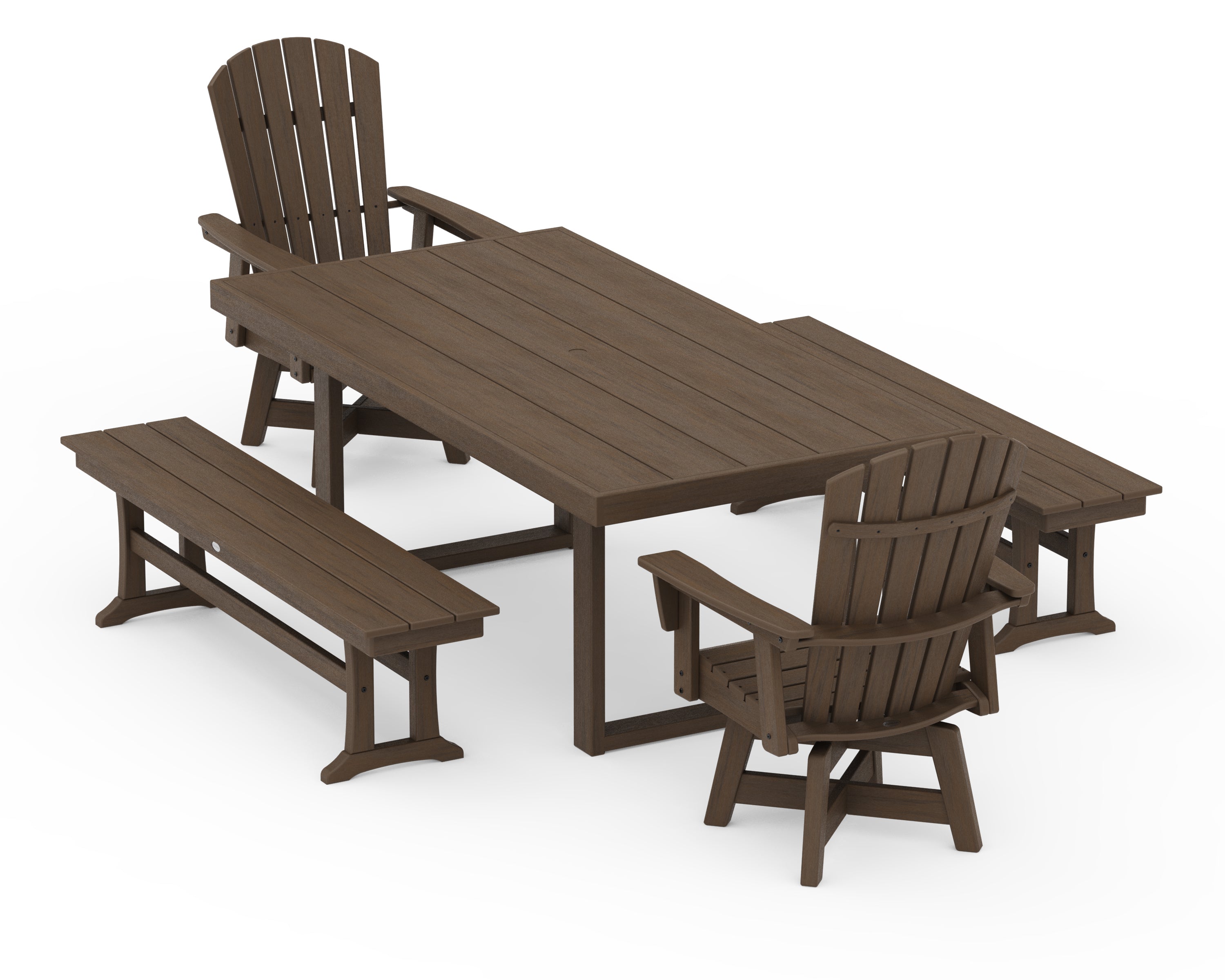 POLYWOOD Nautical Curveback Adirondack Swivel Chair 5-Piece Dining Set with Benches in Kona
