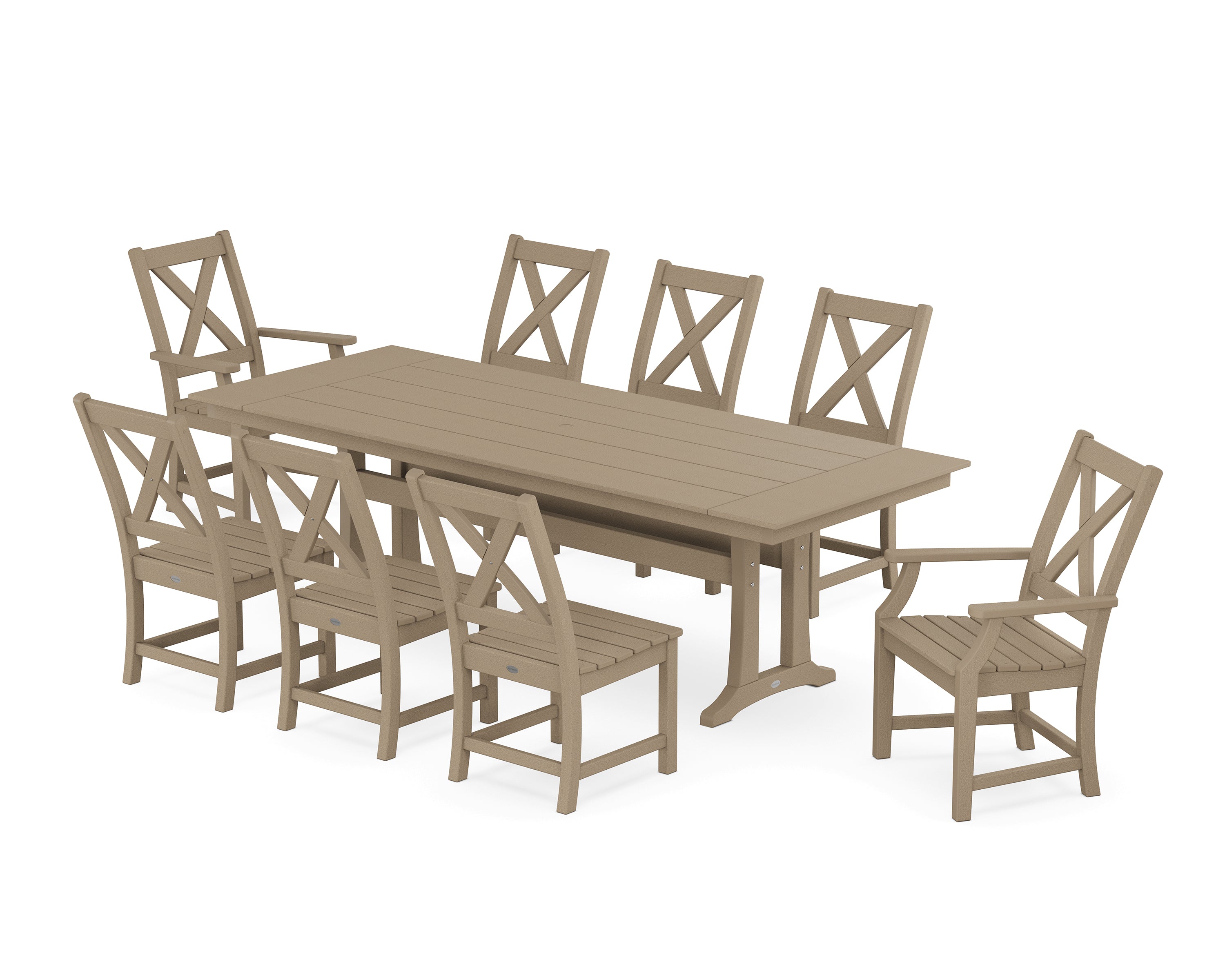 POLYWOOD Braxton 9-Piece Farmhouse Dining Set with Trestle Legs in Vintage Sahara