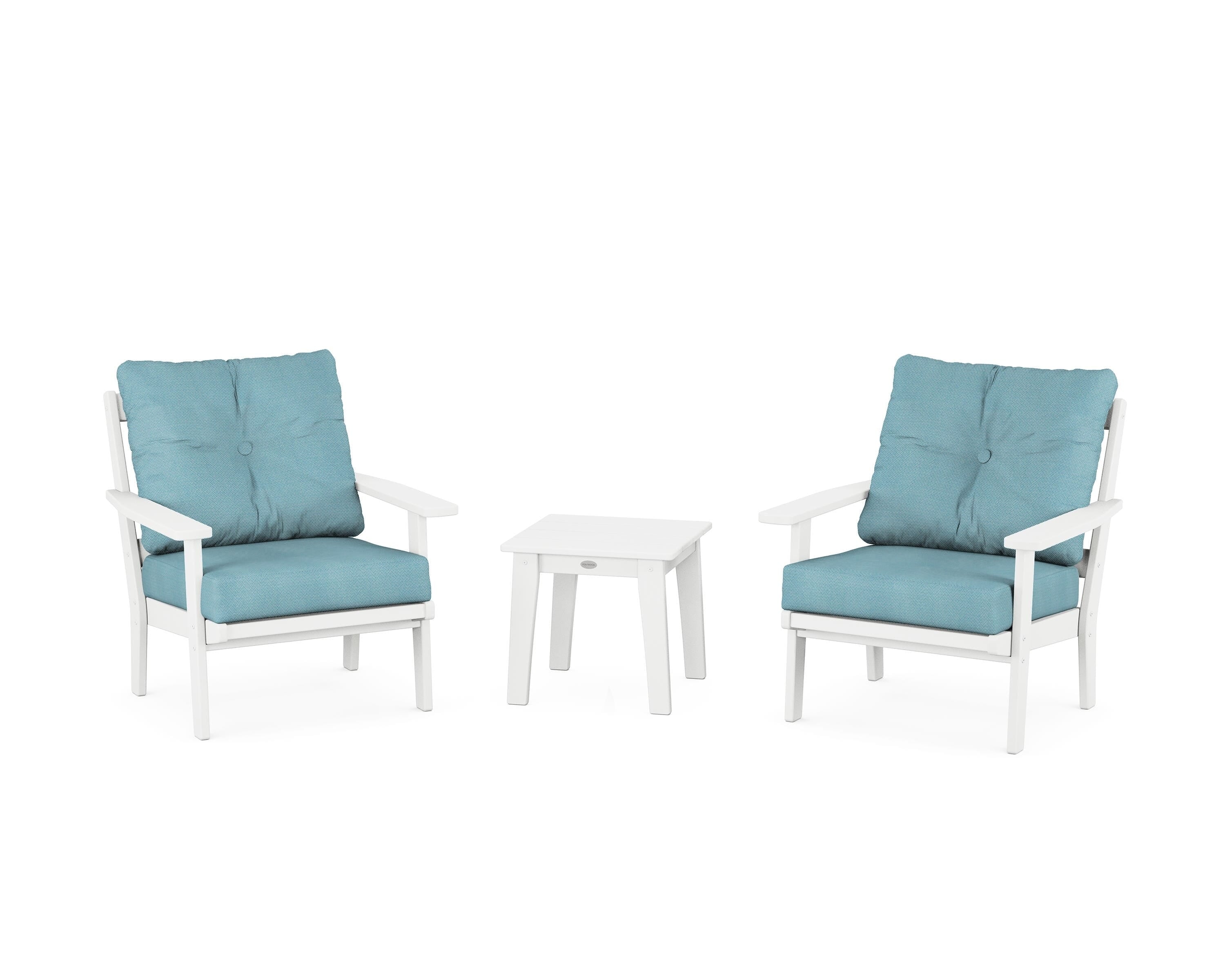 POLYWOOD Oxford 3-Piece Deep Seating Set in White / Lattice Sky Blue