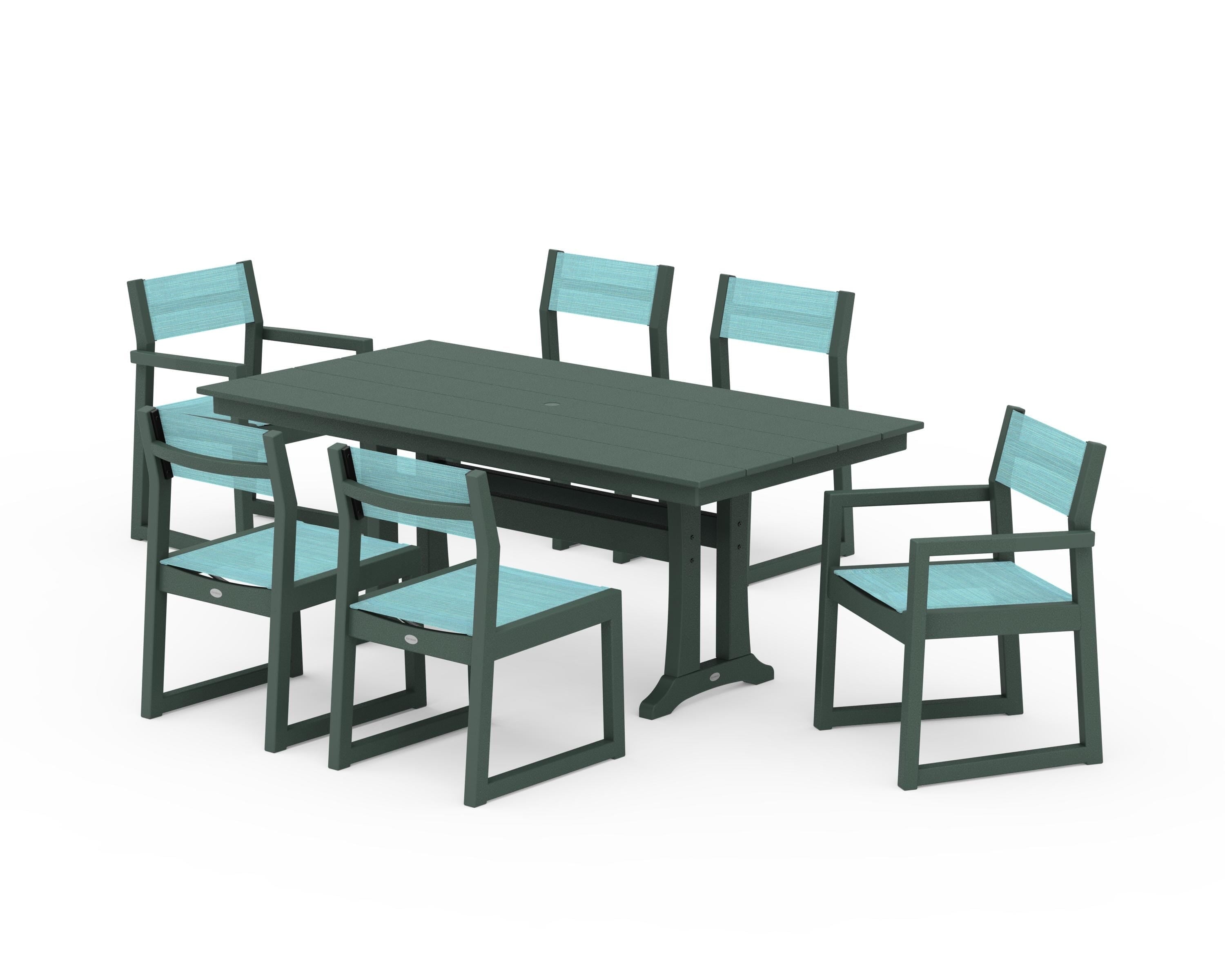 POLYWOOD EDGE Sling 7-Piece Farmhouse Trestle Dining Set in Green / Dupioni Aquamarine Sling