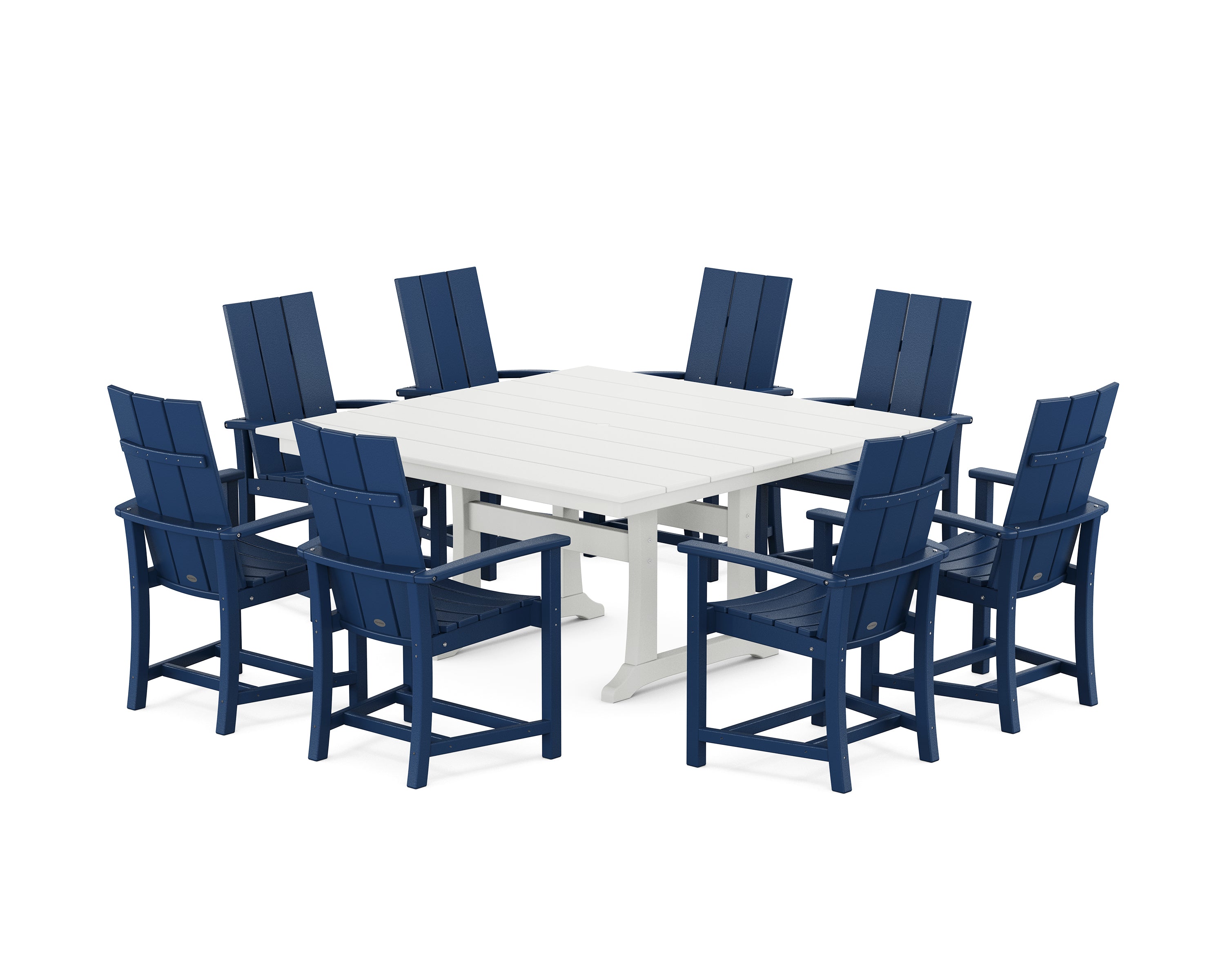 POLYWOOD® Modern Adirondack 9-Piece Farmhouse Trestle Dining Set in Navy / White