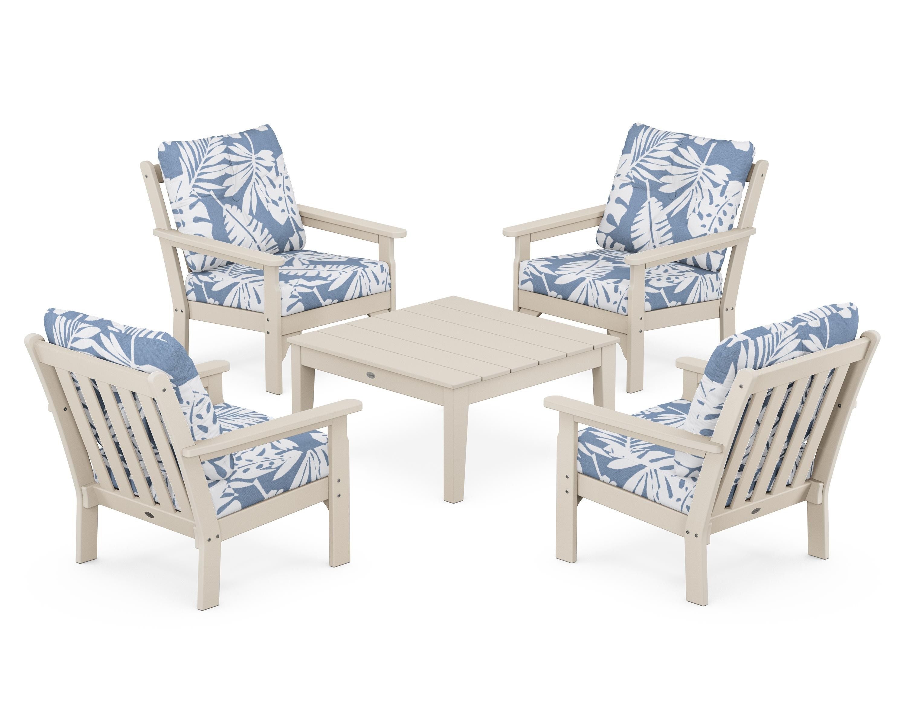 POLYWOOD Vineyard 5-Piece Deep Seating Conversation Set in Sand / Leaf Sky Blue