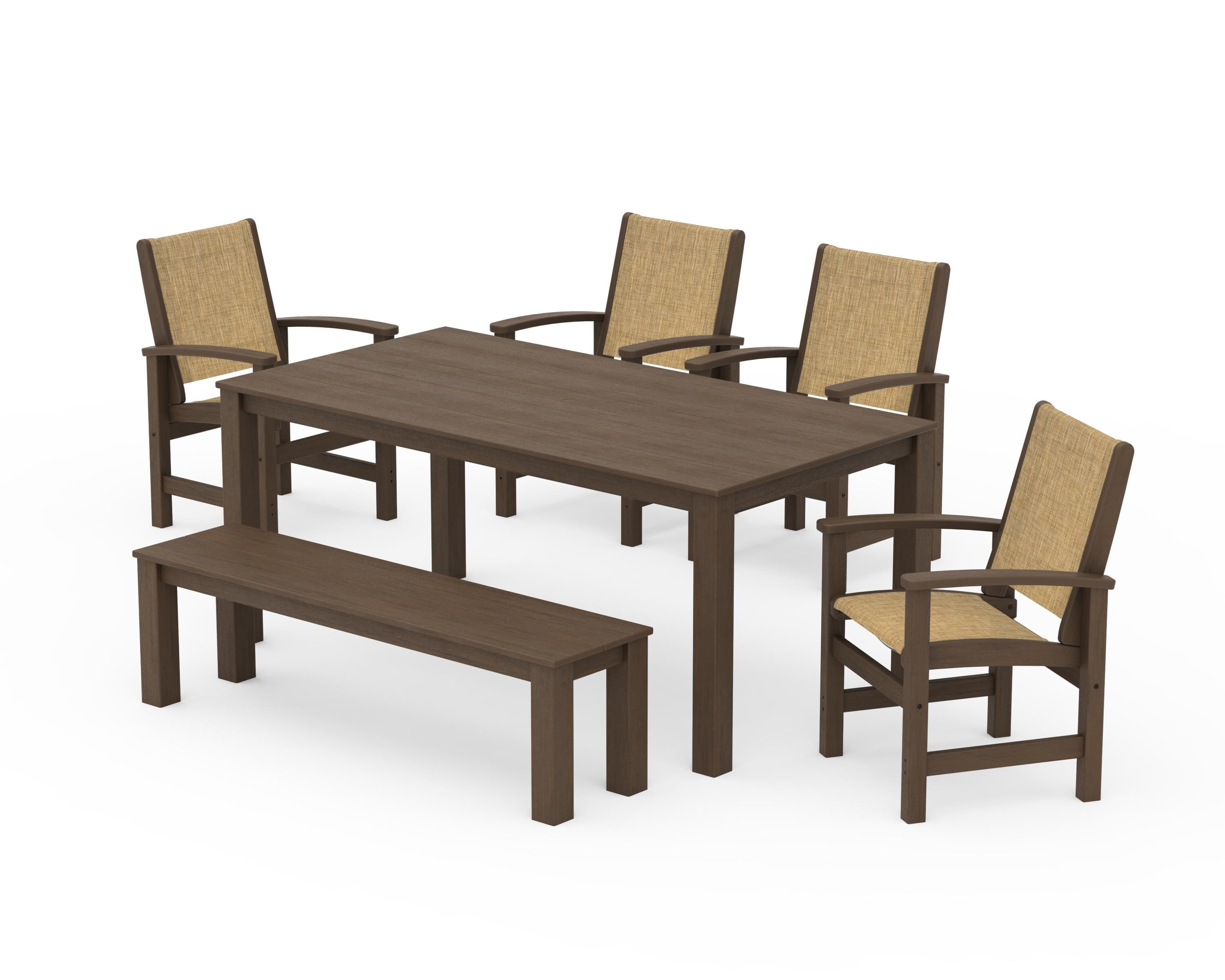 POLYWOOD Coastal 6-Piece Parsons Dining Set with Bench in Kona / Burlap Sling
