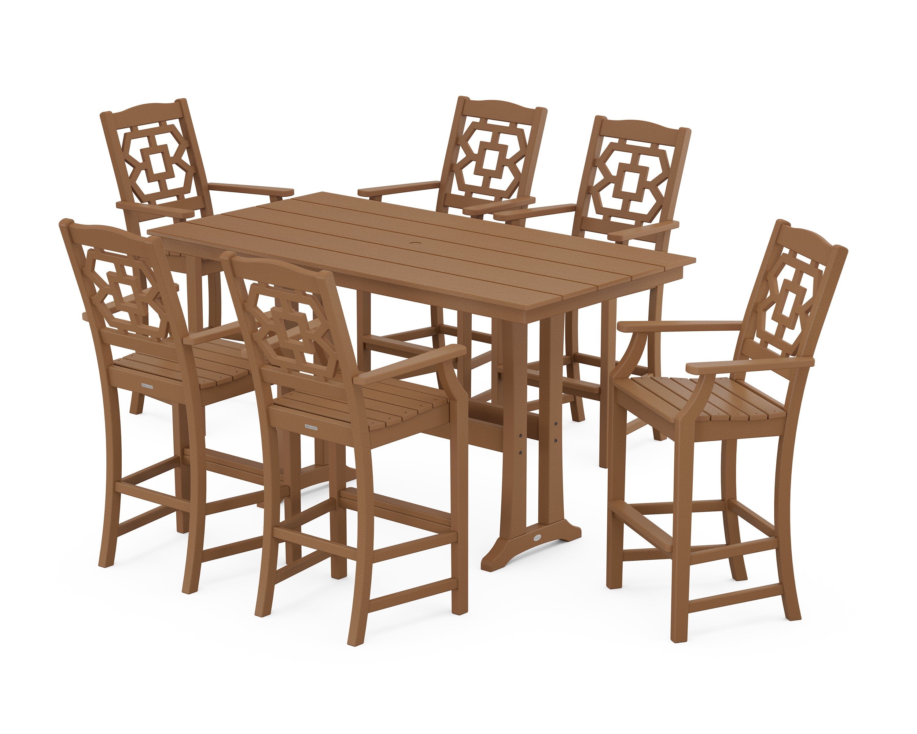 Martha Stewart by POLYWOOD Chinoiserie Arm Chair 7-Piece Farmhouse Bar Set with Trestle Legs in Teak