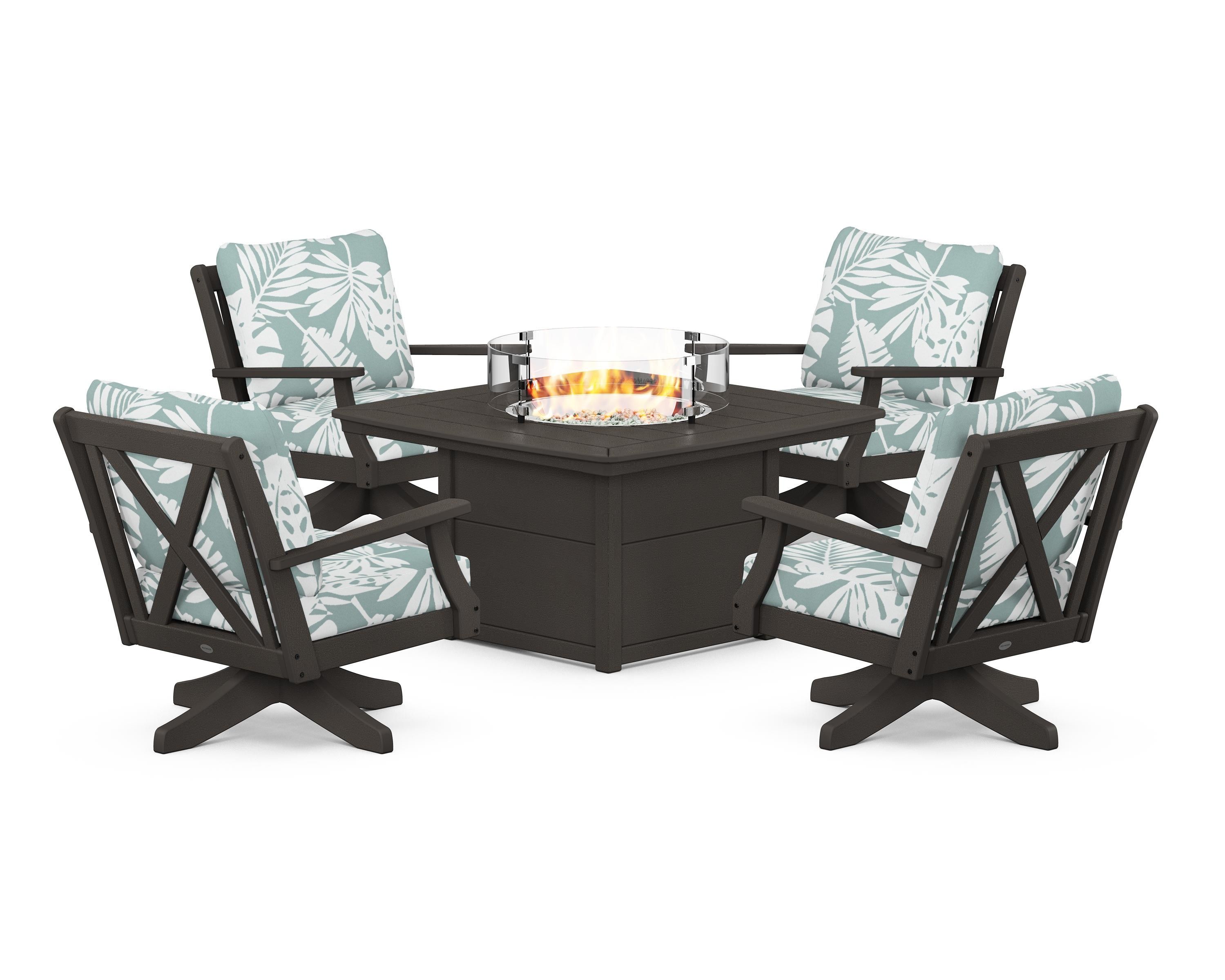POLYWOOD Braxton 5-Piece Deep Seating Swivel Conversation Set with Fire Pit Table in Vintage Coffee / Leaf Glacier Spa