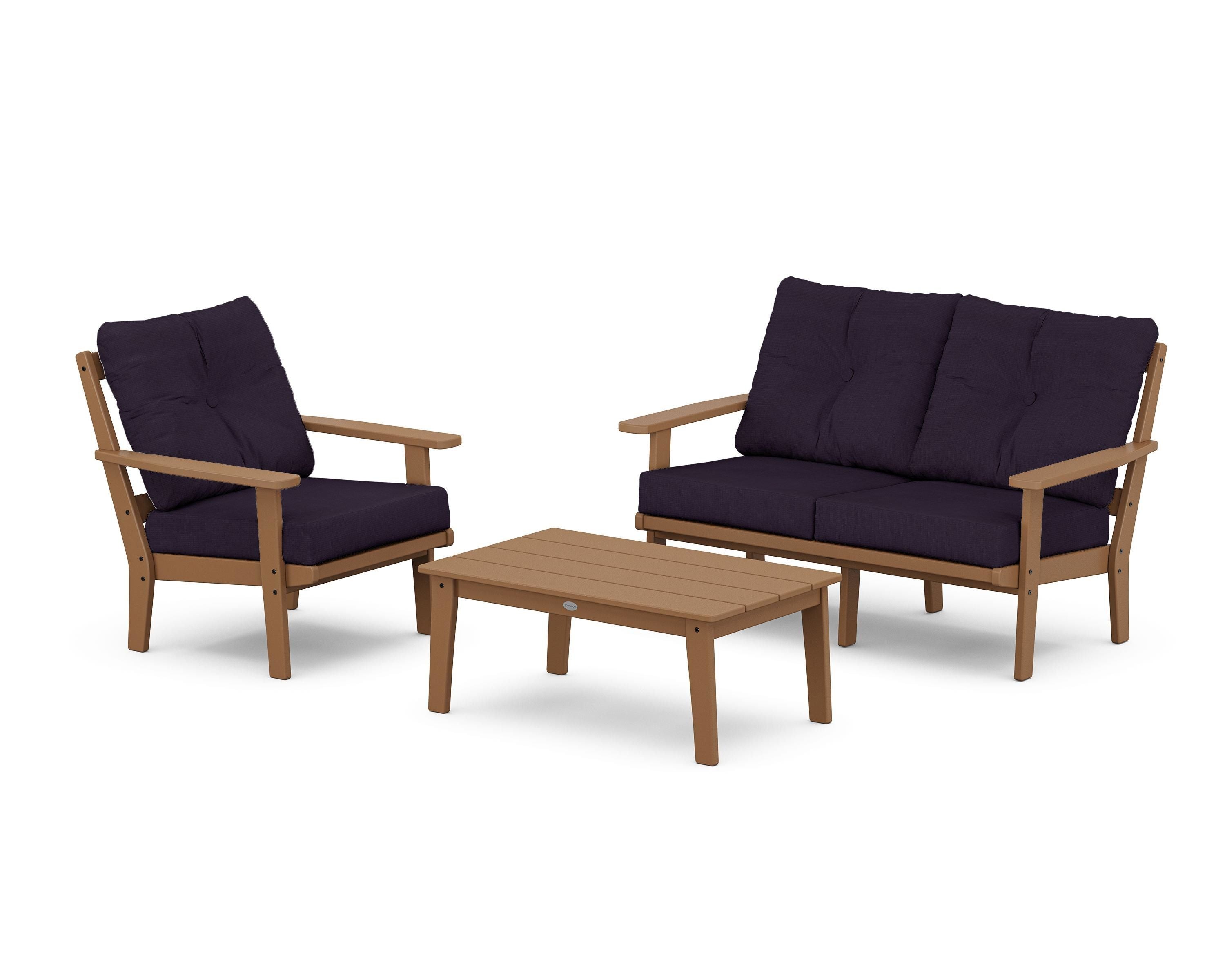 POLYWOOD Prairie 3-Piece Deep Seating Set with Loveseat in Teak / Navy Linen