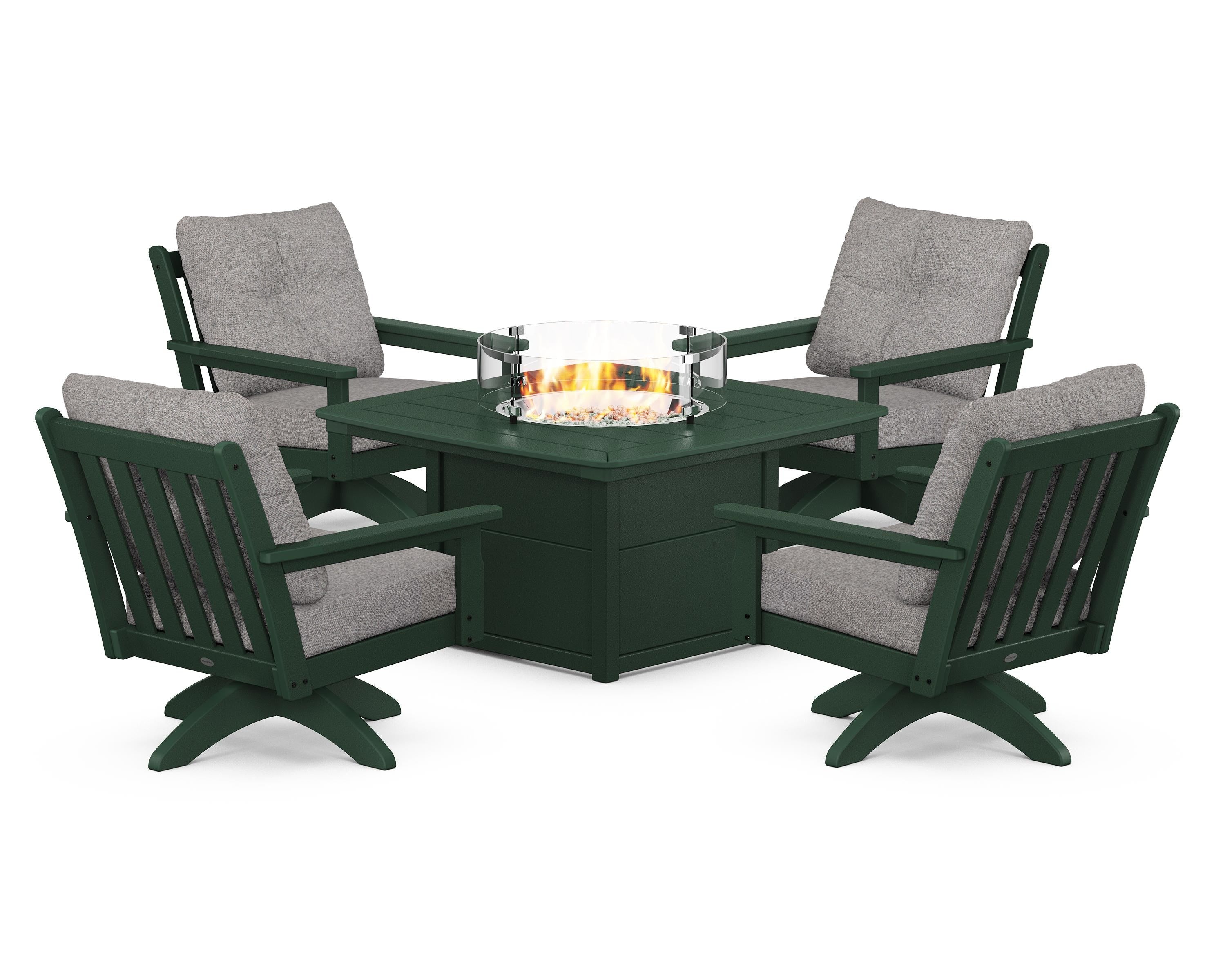 POLYWOOD Vineyard 5-Piece Deep Seating Swivel Conversation Set with Fire Pit Table in Green / Grey Mist