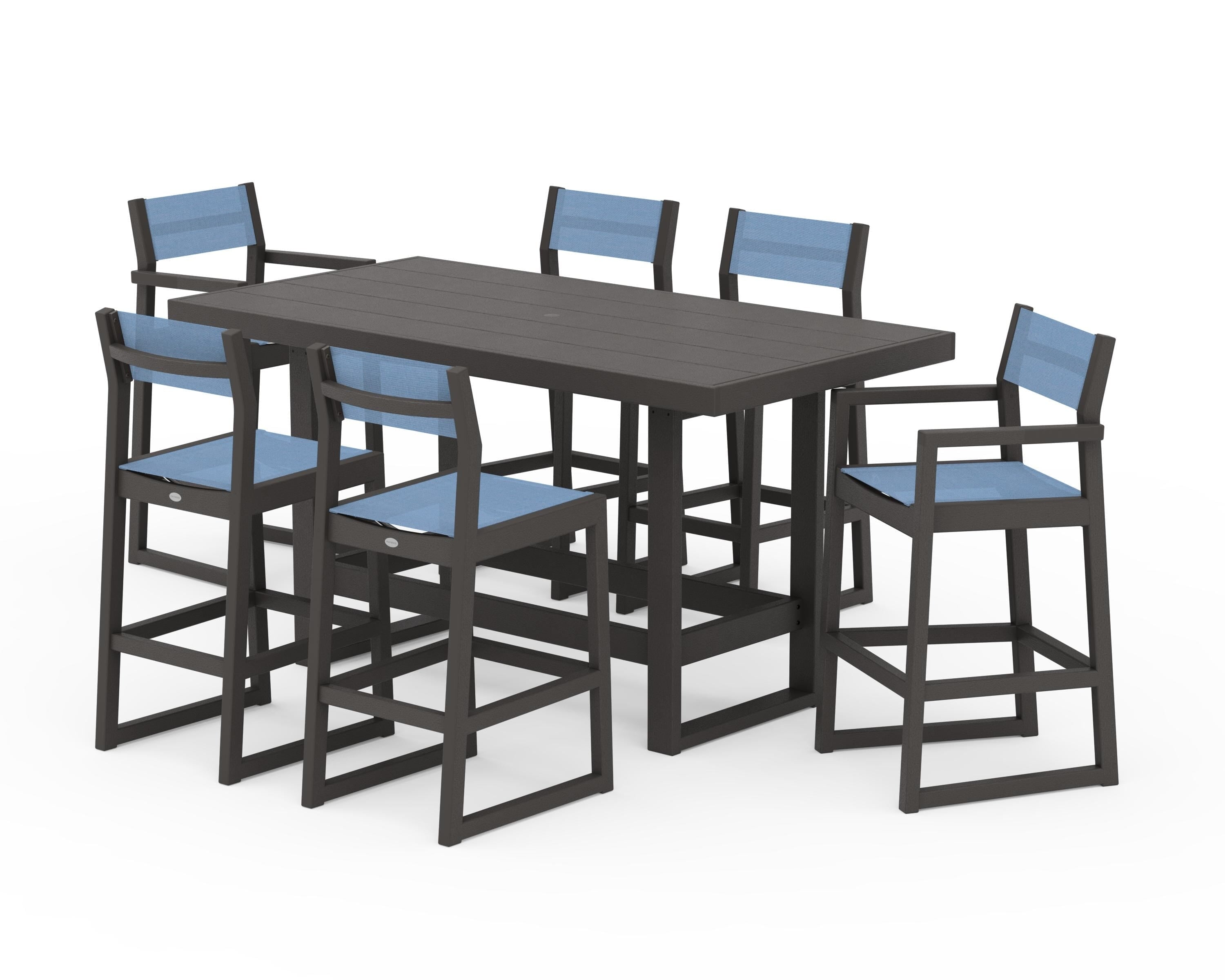 POLYWOOD EDGE Sling 7-Piece Bar Table Set in Vintage Coffee / Poolside Sling