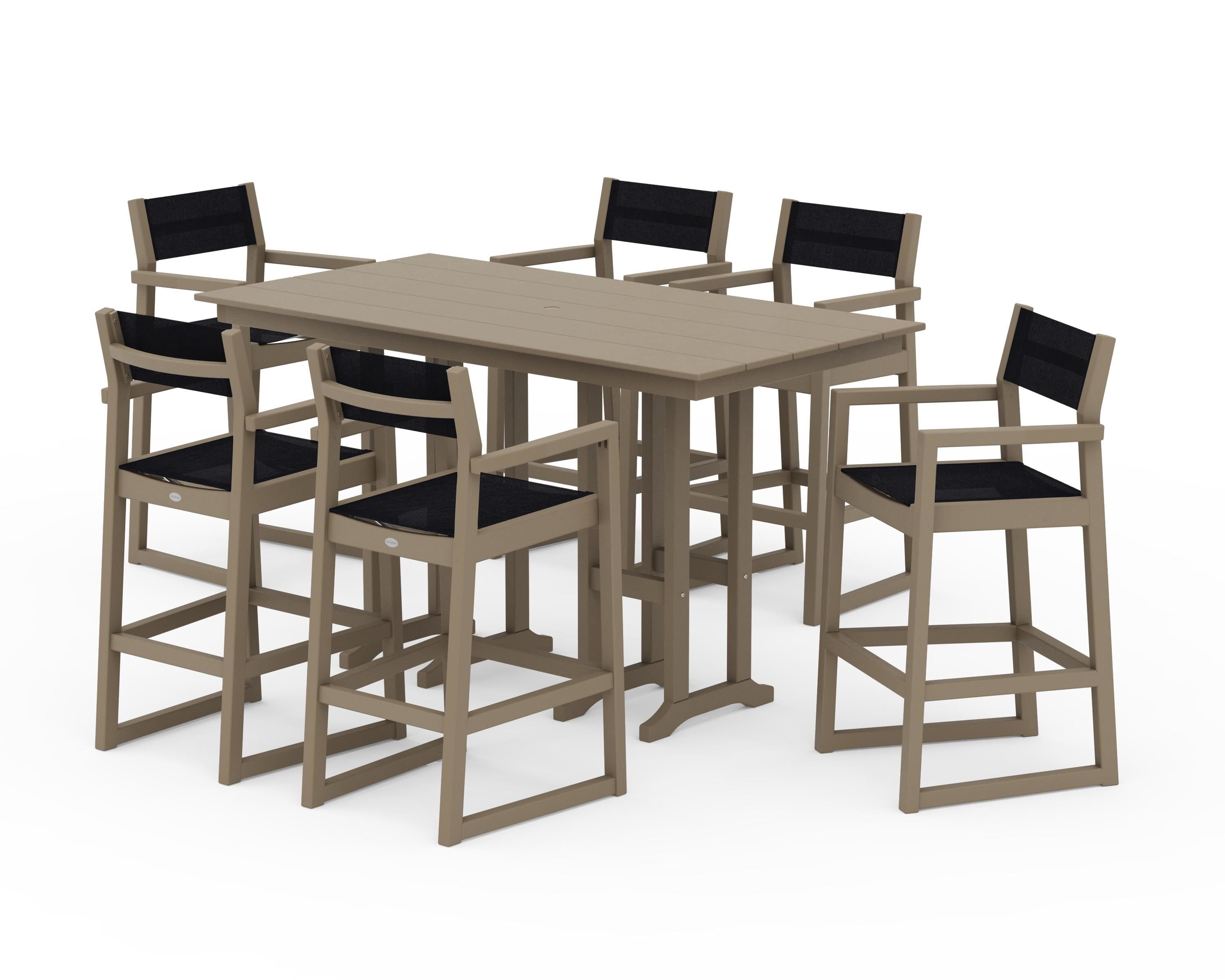 POLYWOOD EDGE Sling Arm Chair 7-Piece Farmhouse Bar Set in Vintage Sahara / Black Sling