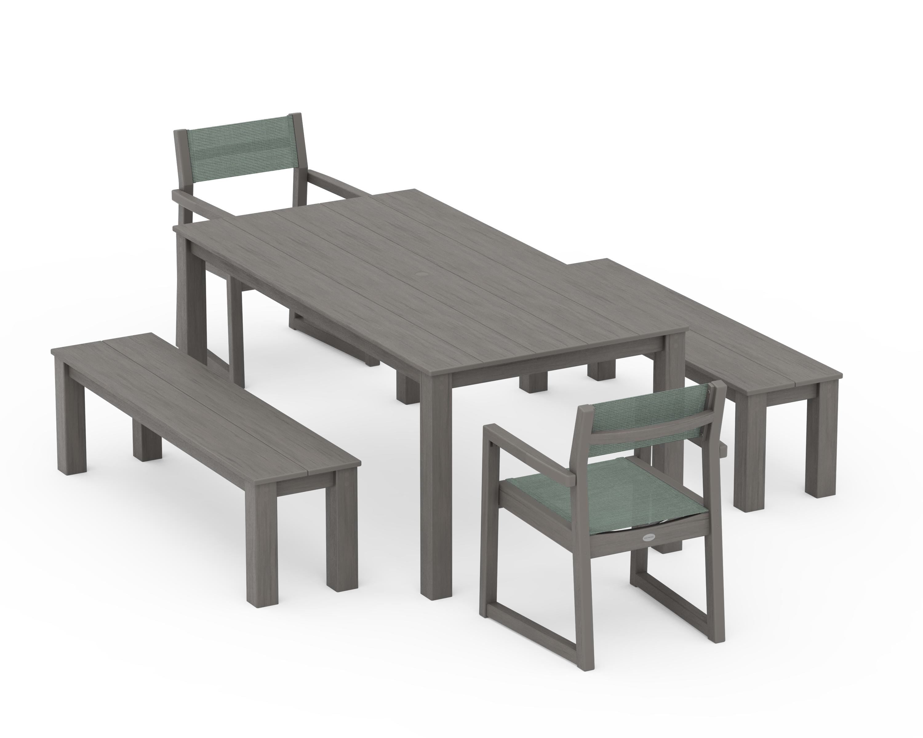 POLYWOOD EDGE Sling Arm Chair 5-Piece Parsons Dining Set with Benches in Driftwood / Dupioni Sea Mist Sling