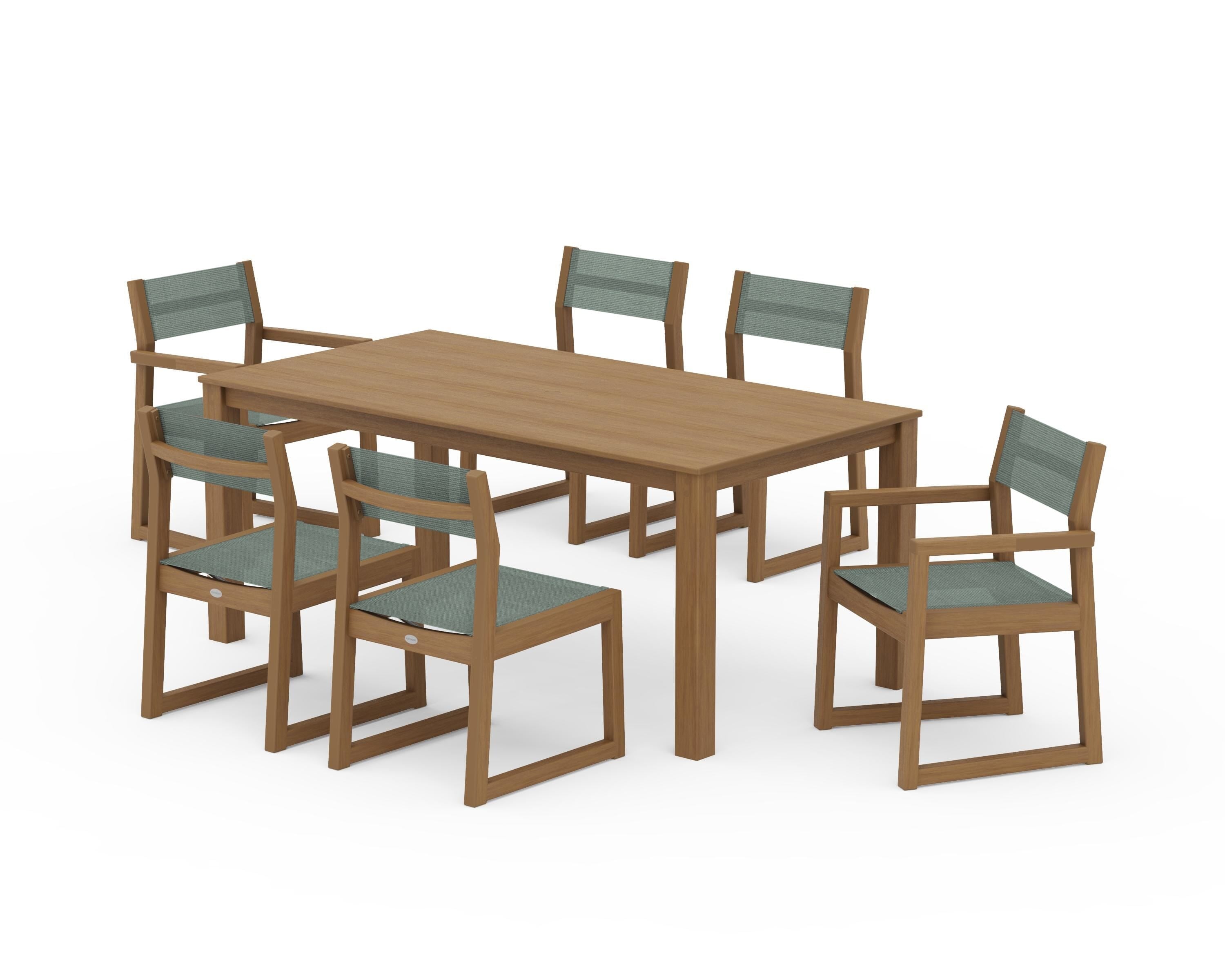 POLYWOOD EDGE Sling 7-Piece Parsons Dining Set in Natural / Dupioni Sea Mist Sling