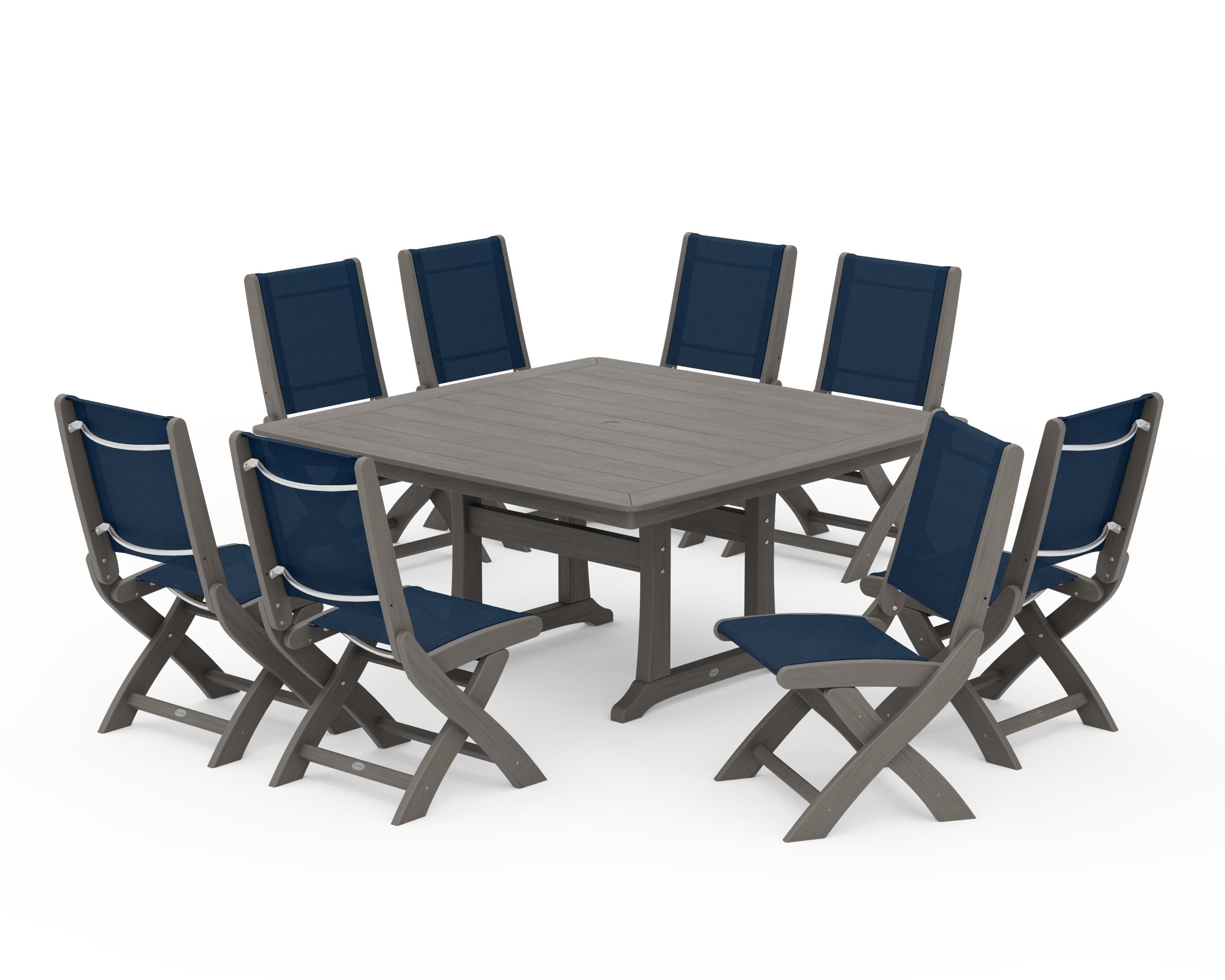 POLYWOOD Coastal Folding Side Chair 9-Piece Dining Set with Trestle Legs in Driftwood / Navy Blue Sling