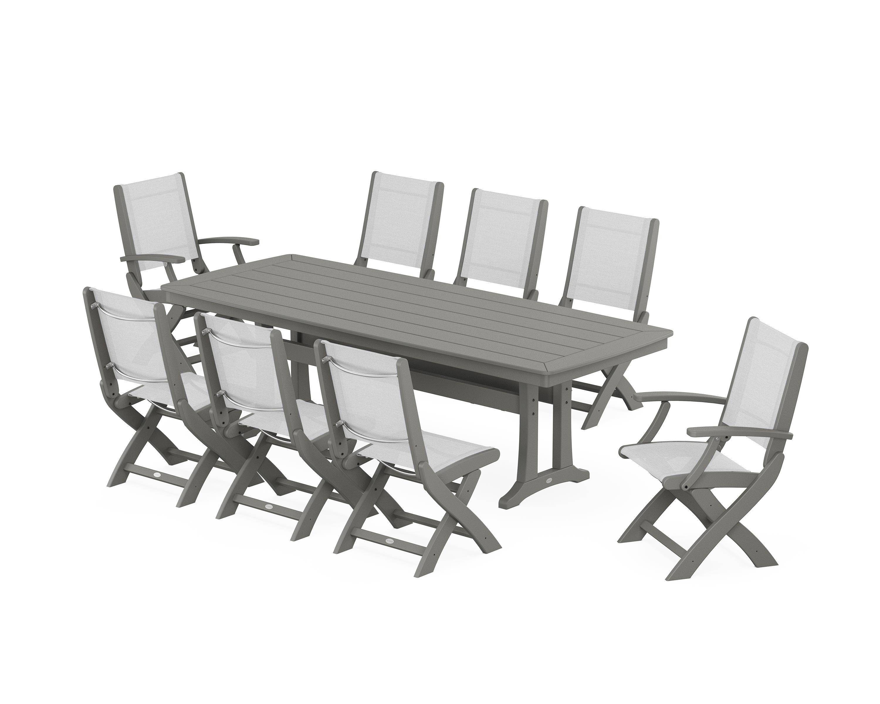 POLYWOOD Coastal Folding 9-Piece Dining Set with Trestle Legs in Slate Grey / White Sling