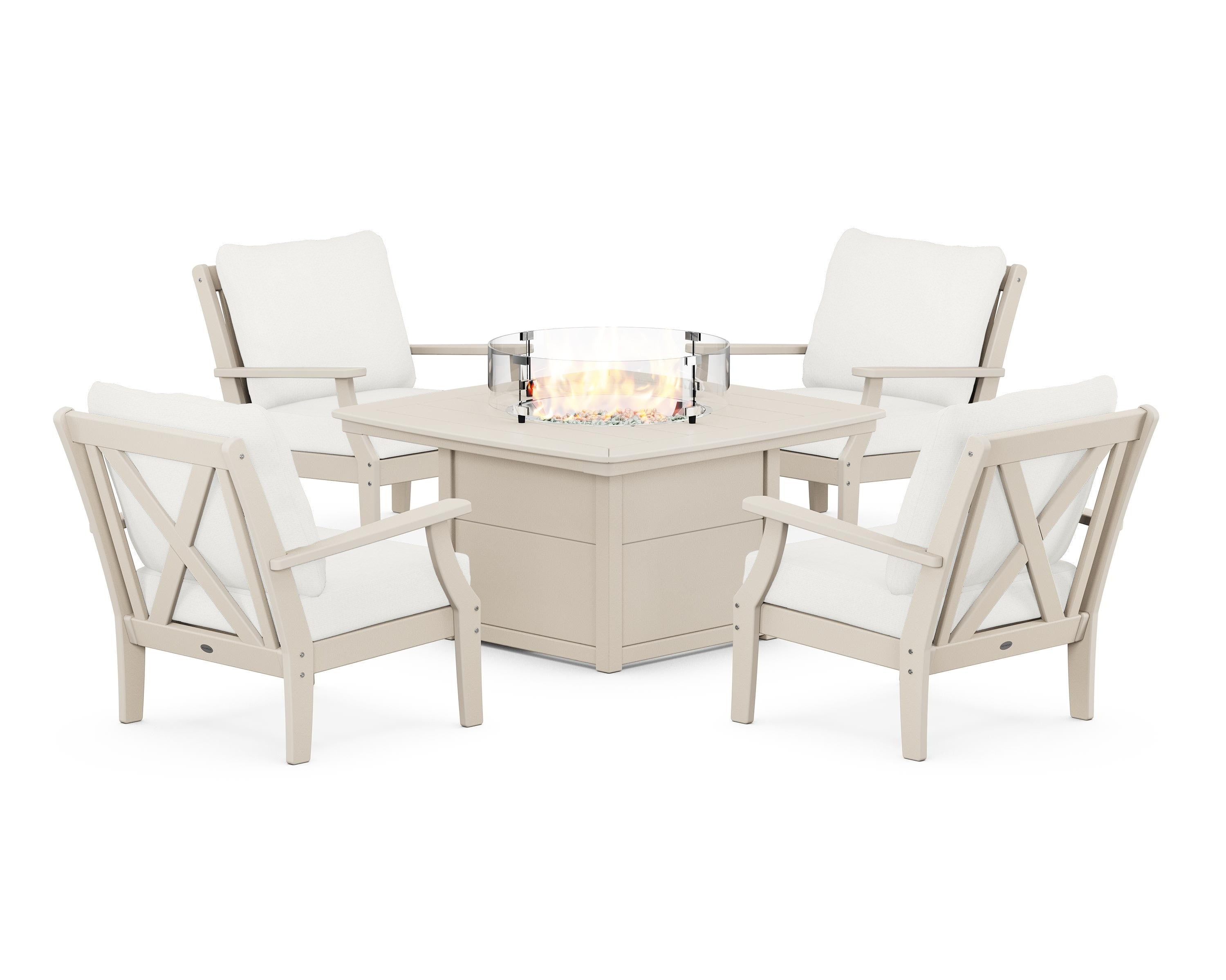 POLYWOOD Braxton 5-Piece Deep Seating Conversation Set with Fire Pit Table in Sand / Natural Linen