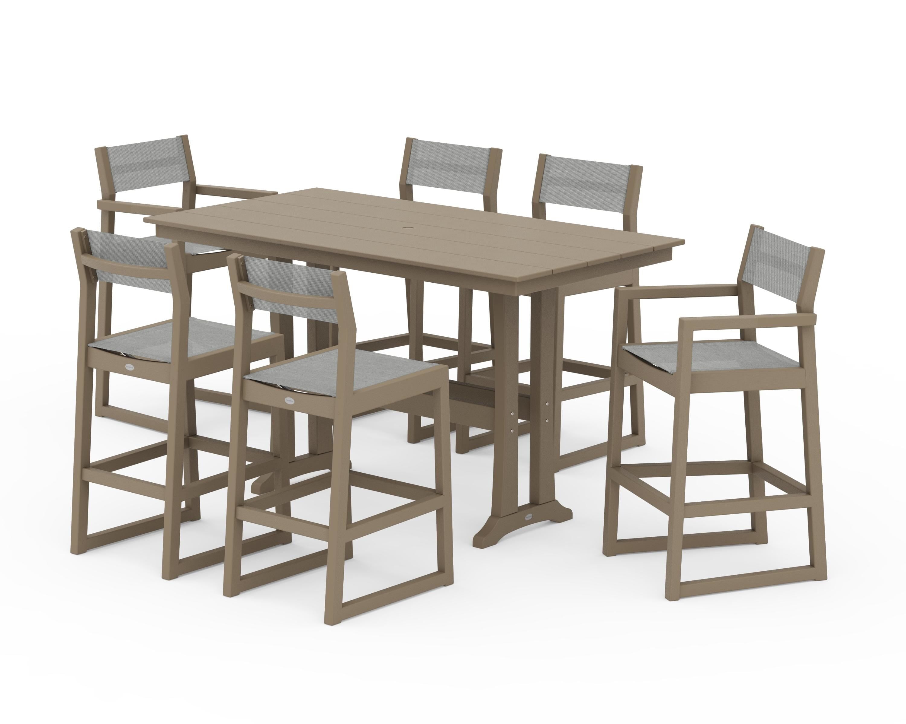 POLYWOOD EDGE Sling 7-Piece Farmhouse Bar Set with Trestle Legs in Vintage Sahara / Metallic Sling