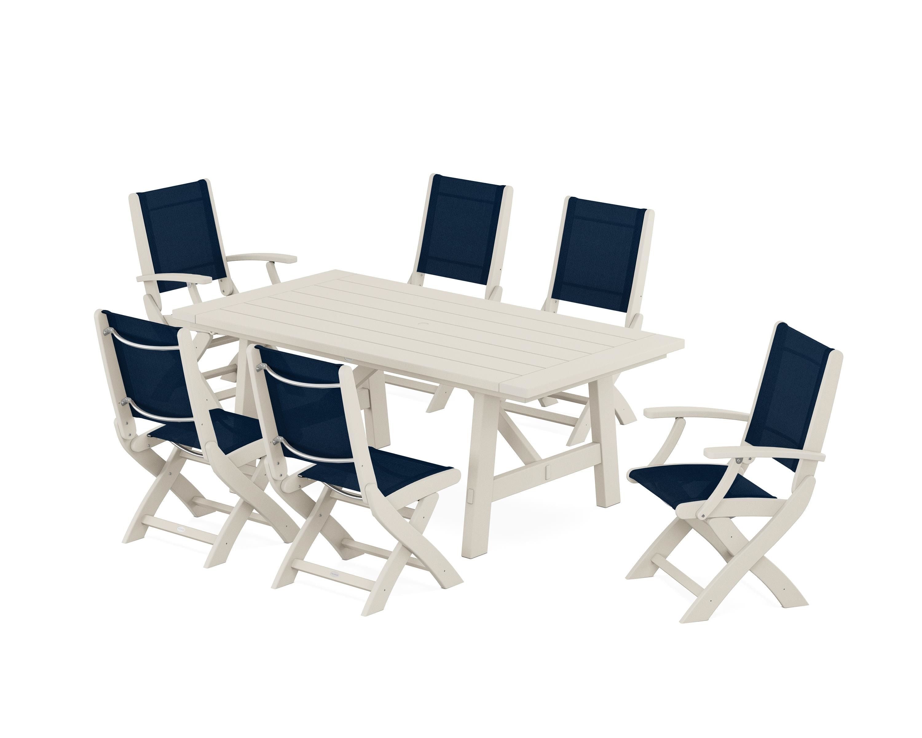 POLYWOOD Coastal Folding Chair 7-Piece Rustic Farmhouse Dining Set in Sand / Navy Blue Sling